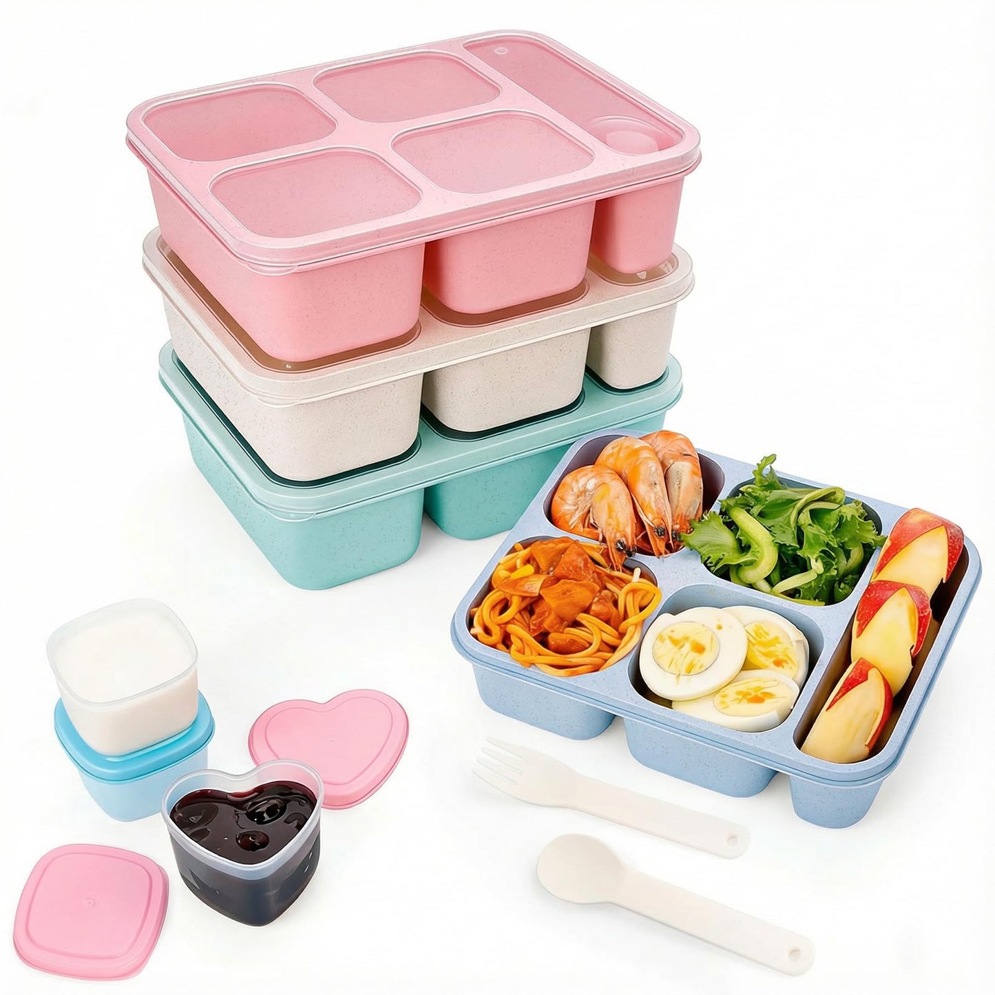 Bento Box Adult Lunch Box 5 Compartment Snack Containers for Kids, Reusable Food Storage Meal Prep Lunch Containers - Stackable BPA-Free Wheat Straw Bento Box for School, Work, Travel (4 Pack)