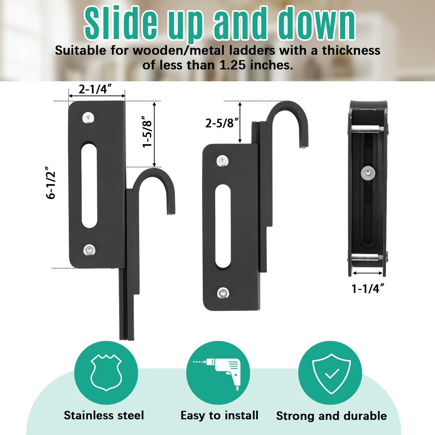 Zonon 10 ft Rolling Library Ladder Hardware Kit Includes Telescope Hook for Sliding Library Ladder 300lb Bottom Wheel with Brake Load Capacity for Stair Bookshelf Fit Thickness 1-1/8" Stepladder