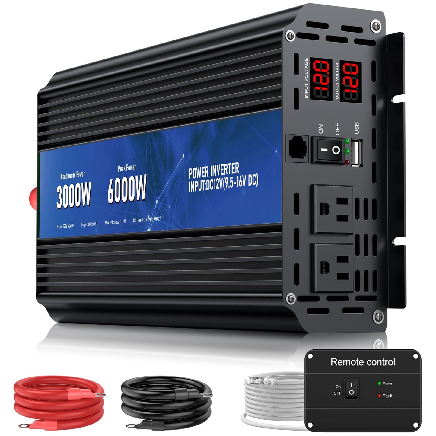 3000W Power Inverter 12V DC to 110V/120V AC Converter, 6000W Peak, LCD Display & Remote Control, Dual AC Outlets & USB Port for RV Truck Solar System, Emergency Backup, Outdoor Camping