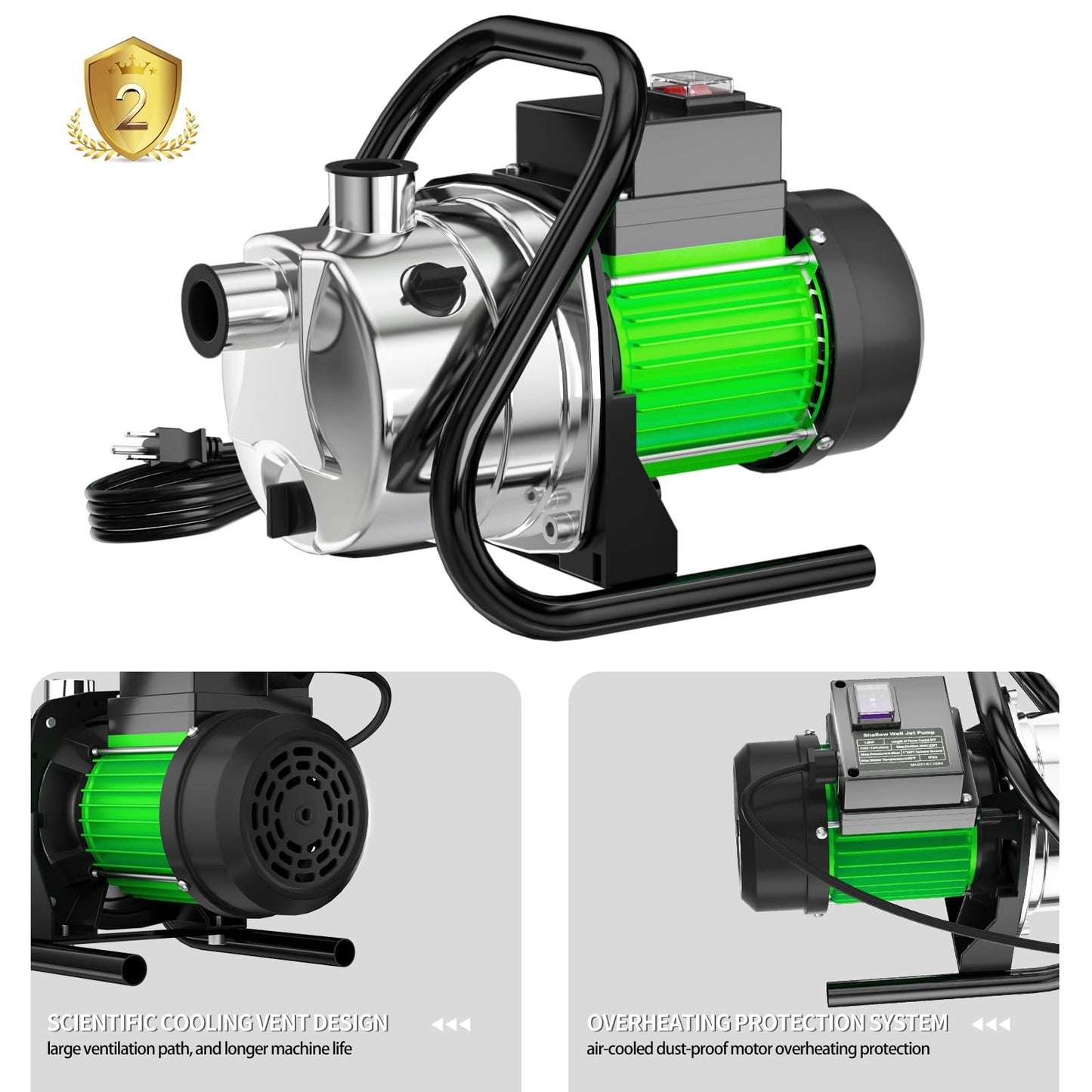 SHANGDA Water Transfer Pump Electric Shallow Well Pump 1.2HP 1200GPH for Lawn Garden Irrigation, Green