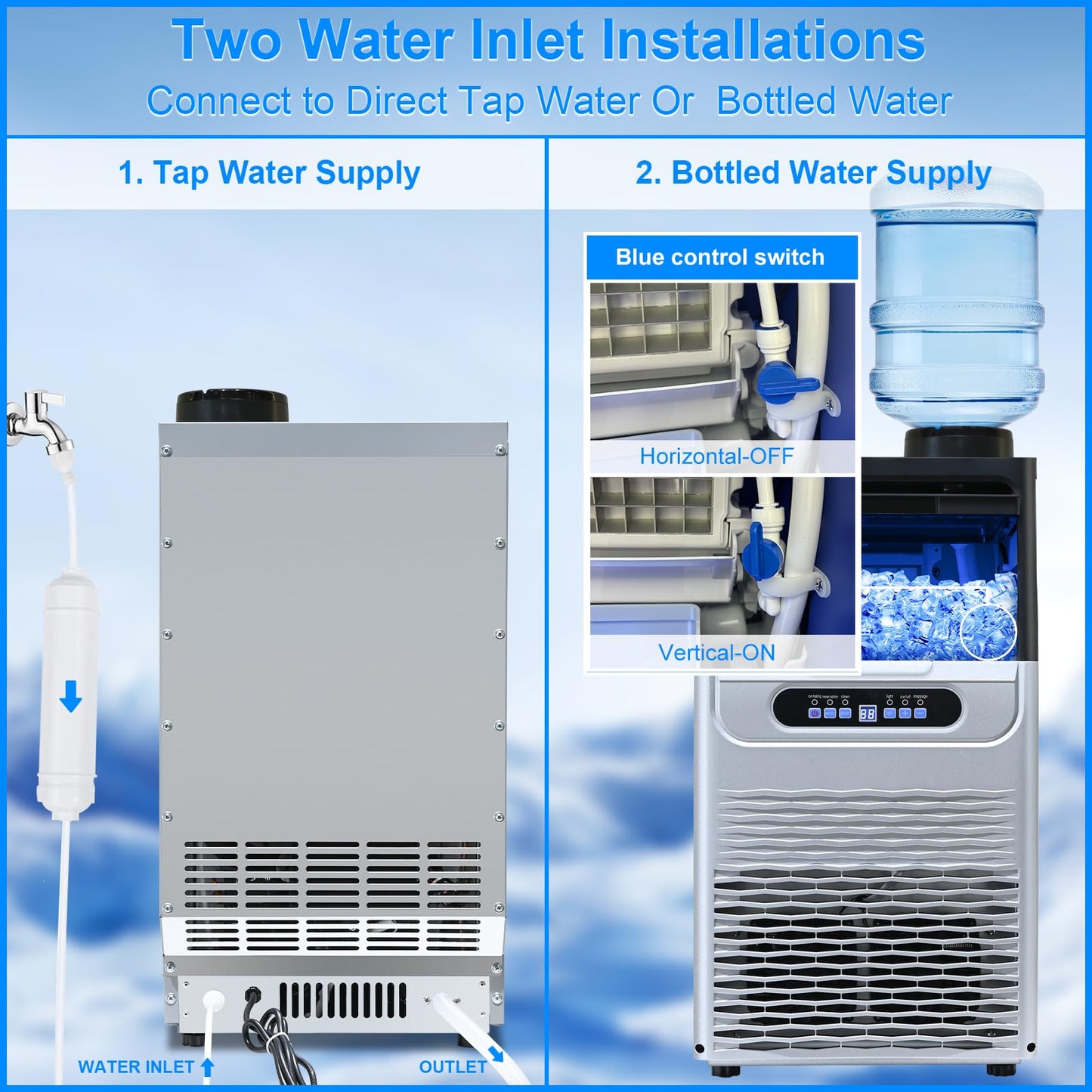 Amzgachfktch Commercial Ice Maker, 100lbs/24H Ice Maker Machine, 2 Water Inlet Modes, Ice Machine with 22lbs Storage, Auto Self-Cleaning, Under Counter/Freestanding Ice Maker for Home/Office/Shop/Bar