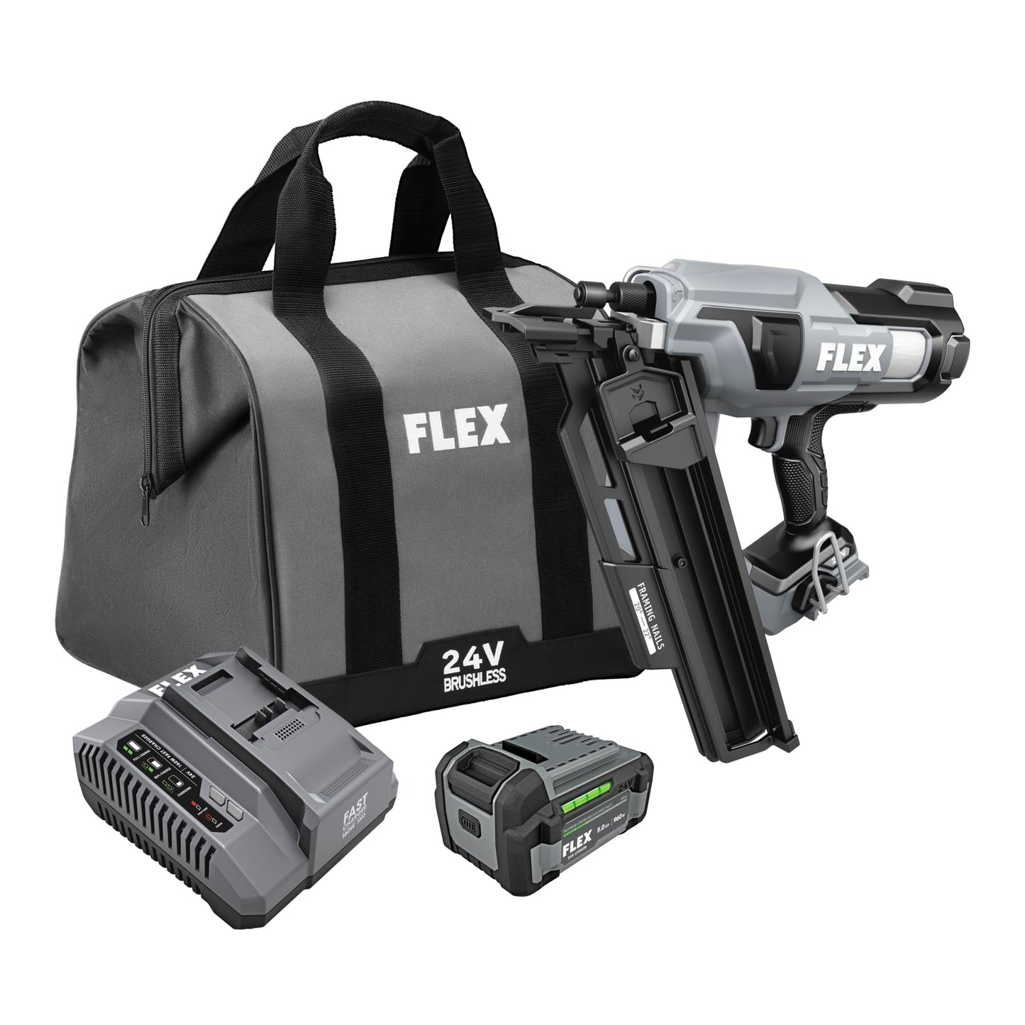 FLEX 24V Brushless 21° Framing Nailer Kit, Zero Ramp-up Time, 3 Nails/Sec, Ideal for Framing, Sheathing and Decking, w/ 5.0Ah Lithium Battery & 160W Fast Charger - FX4351A-1C