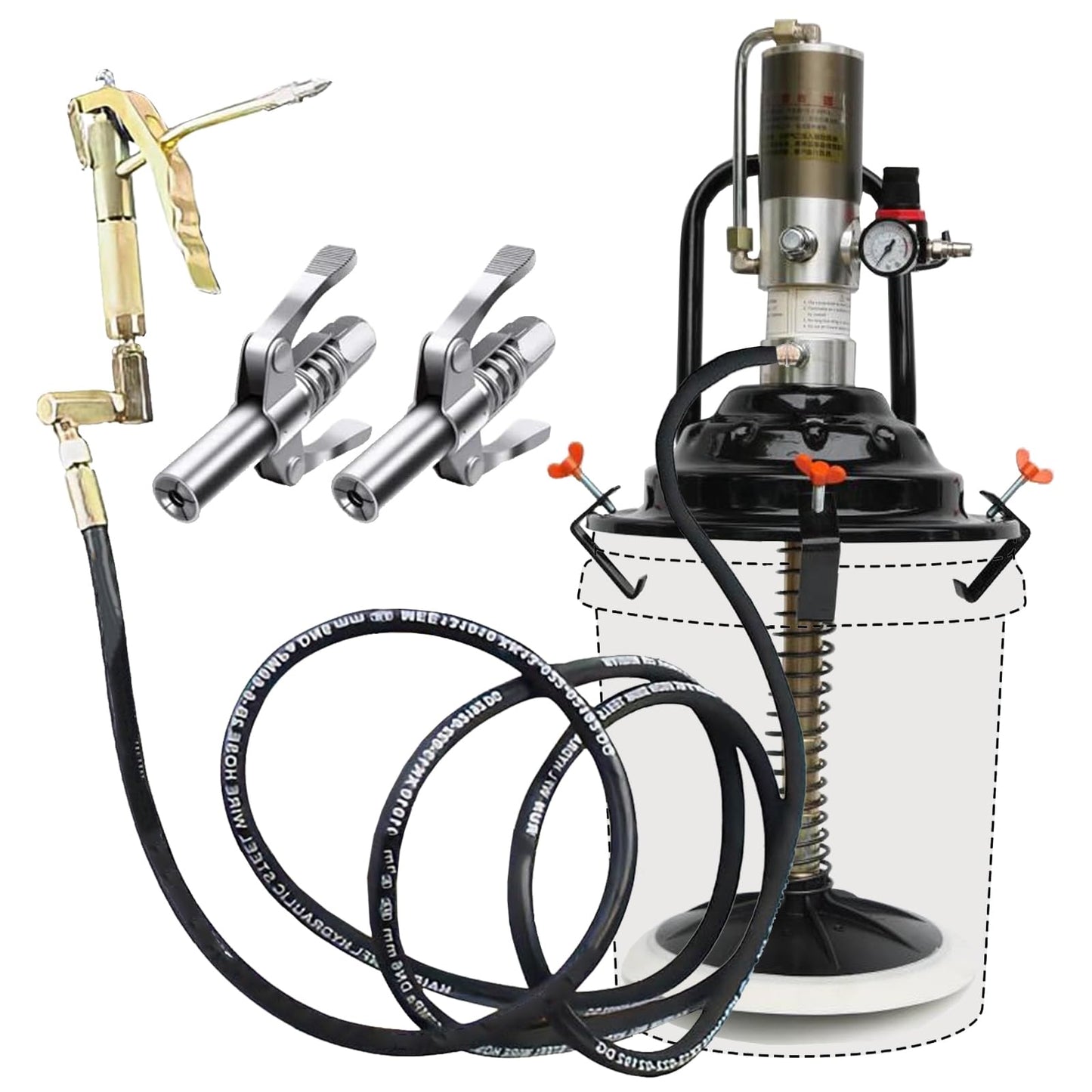 QVIKPMU 60:1 Portable Air-Operated Grease Pump for 5 Gallon Bucket, Grease Gun Coupler 2 PCS and 13 ft High Pressure Hose, 0.85L/Min, 34-48Mpa, Universal Fit, Vehicle Compatible (No Bucket)