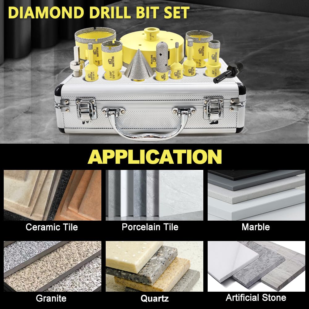 Diamond Core Drill Bits Set 12PCS - DARTOTEK Tile Hole Saw Kit (6/8/10/20/35/50/75/125/20mm/2/SDS/HEX for Porcelain, Ceramic Tile, Granite, Marble, Masonry
