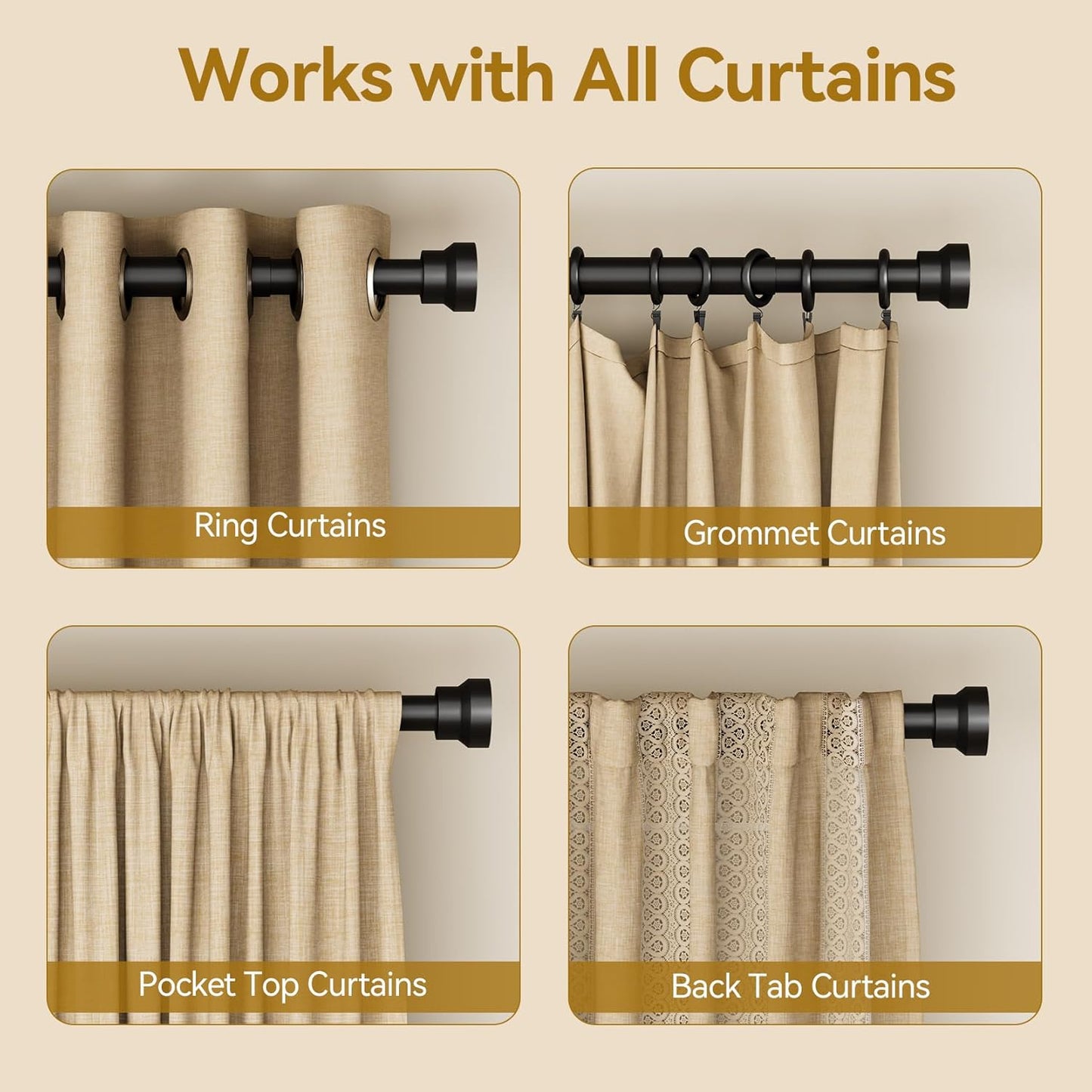 YaFex Curtain Rods - Heavy Duty 1 Inch Adjustable Window Treatment Rods | 32-118 Inch, Black Finish
