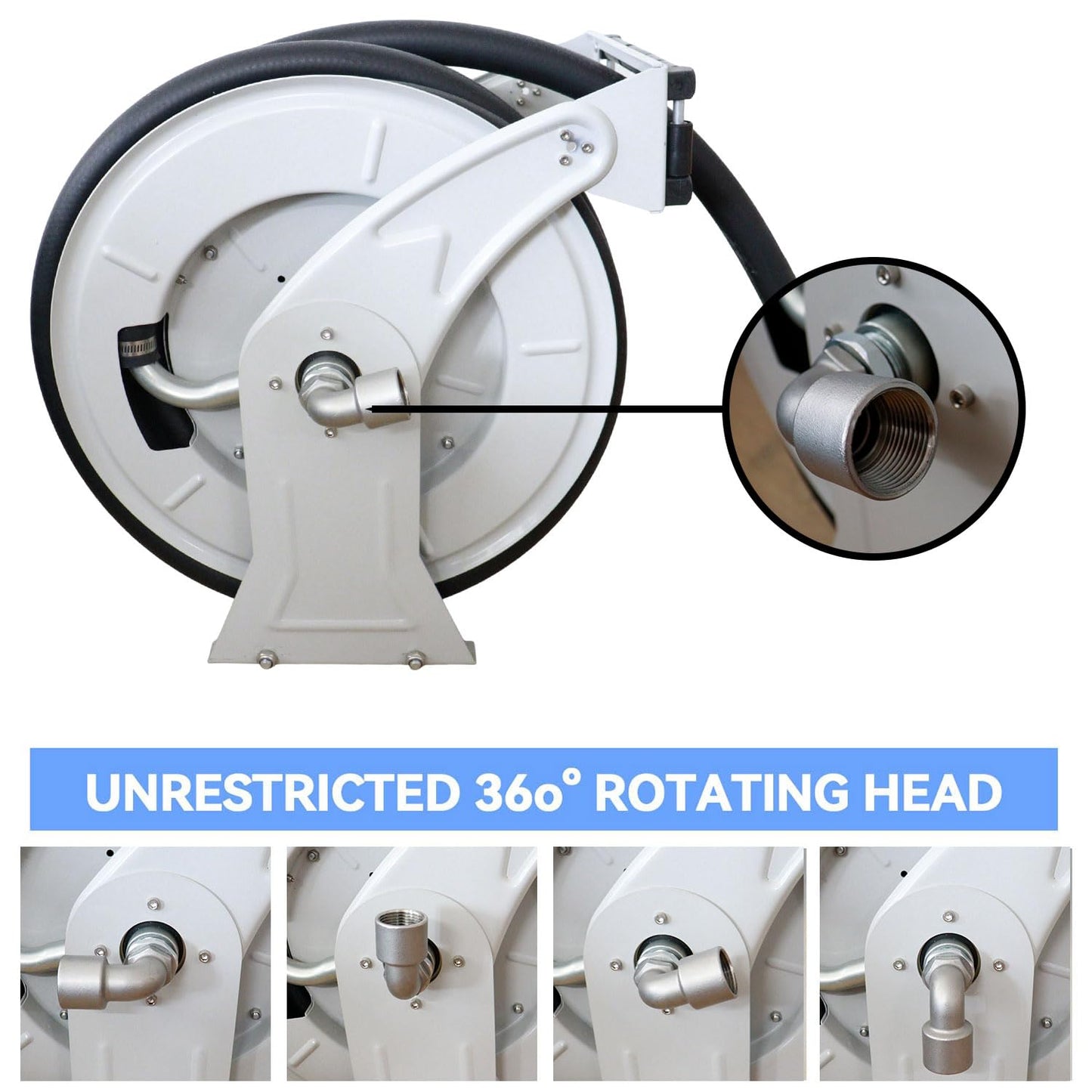 MENAITEK Fuel Hose Reel W/AUTO Fuel Nozzle,Fuel Hose Swivel,3/4"x50FT Fuel Transfer Hose Diesel Hose Reel Retractor,300 PSI Heavy Duty Auto Swivel Rewind Hose Holder Reel,1"NPT Inlet,3/4" NPT outlet