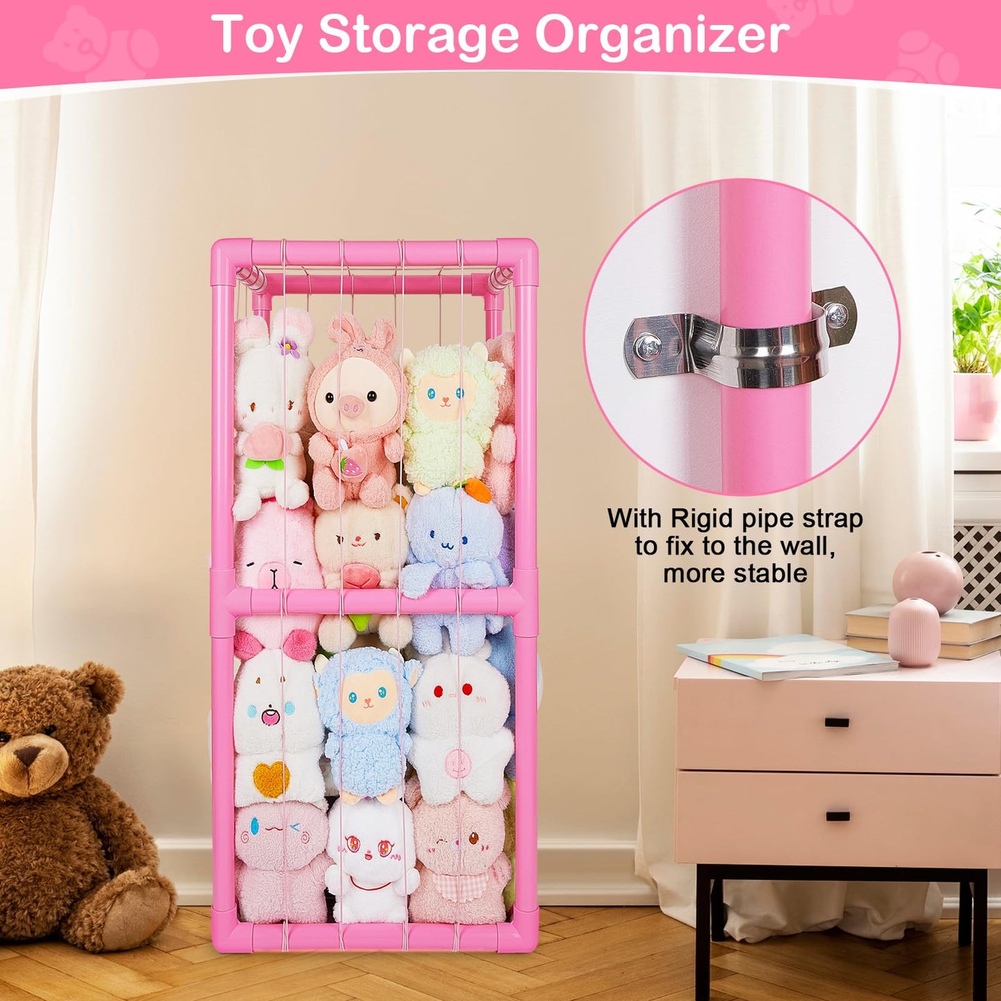 Unicorn Castle Stuffed Animals Storage Organizer with Thicken PVC Tubes Elastic Band Space Save Vertical Plushies Storage Stuffed Animals Zoo Cage for Kids,Pink