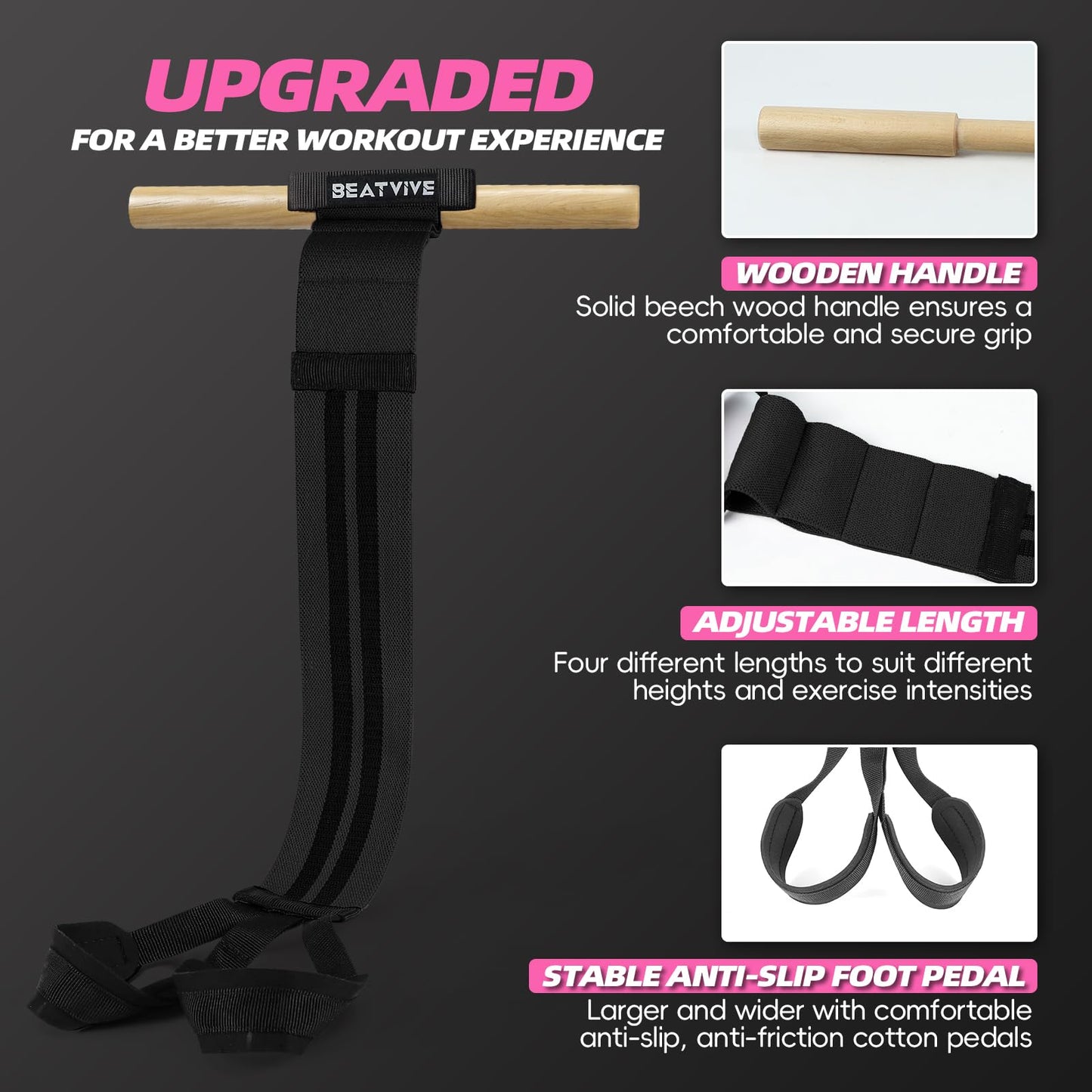 Pedal Resistance Bands with Handles, Upgrade Adjustable Manual Tension Training Pedal, Fabric Resistance Band with Wood Handles, Multifunction Fitness Bands for Abdomen, Waist, Arm, Leg (Black)