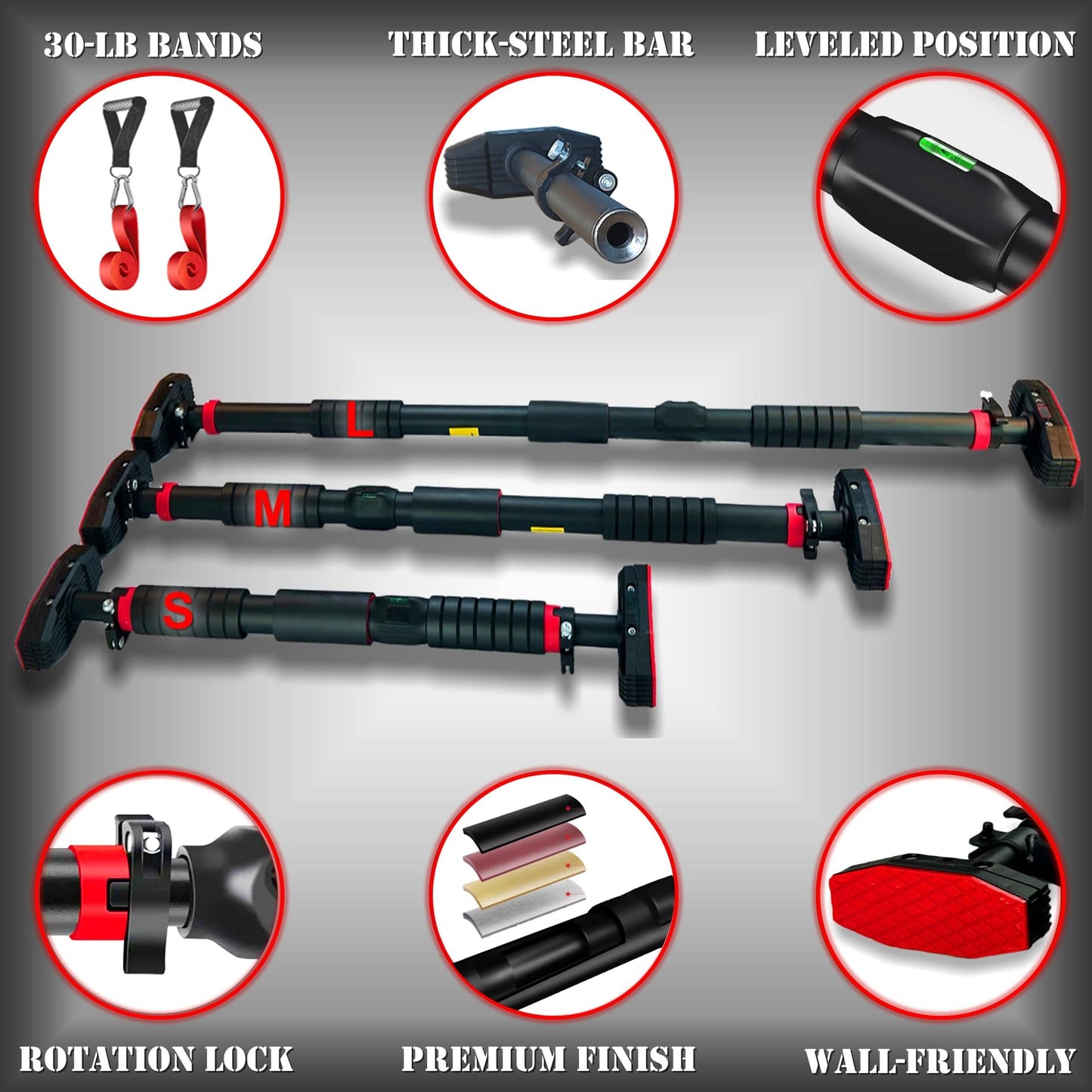 IRONSURGE Pull Up Bar for Hallway or Doorway 6-piece Set with Two Attachable Resistance Bands/Handles, Training Manuals, No Screws Chin Up Bar, Max 680lbs, Width options: 27-37", 37-47"; 46-53"