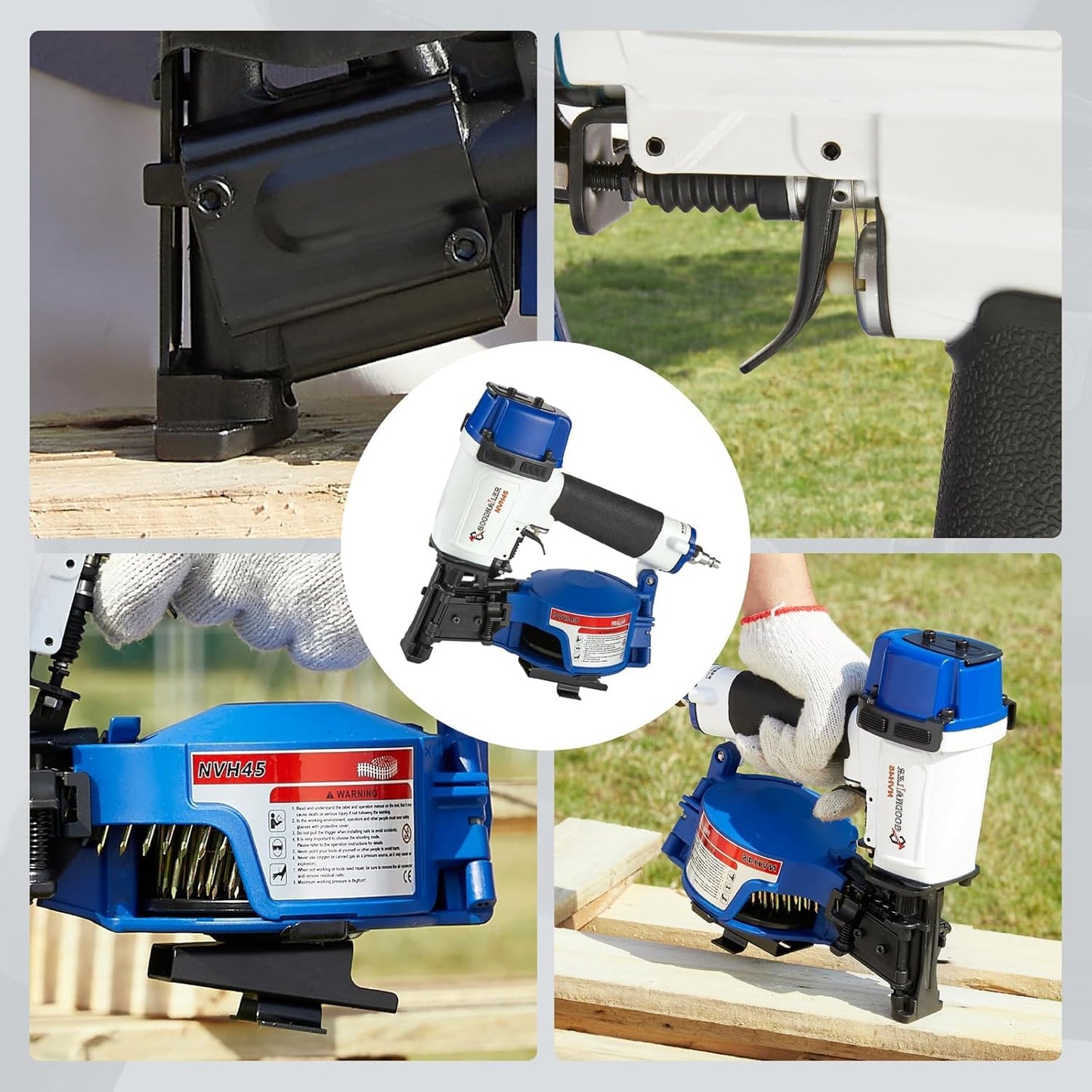Goodnailer NVH45 Roofing Nail Gun, 15 Degree Roofing Nailer with 7/8-Inch to 1-3/4-Inch Nail Compatibility, 3/8 NPT Air Connector, 120-Pcs Load Capacity for Roofing Constructions（Navy Blue）