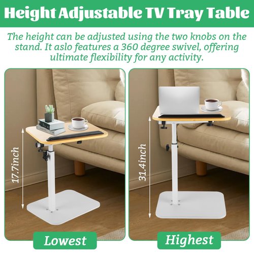 GBACHOOSE Sofa Armrest Tray Table for Couch, TV Tray Table 360° Swivel Height Adjustable End for Small Spaces, C Shaped End Table for Couch, Living Room, Bedroomor with Phone & Tablet Slot(White)