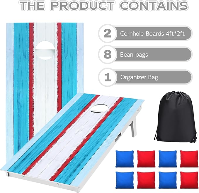 Cornhole Board Set, Regulation Size 4 x 2FT/3 x 2FT Solid Wood Corn Hole Game Set with 8 Bean Bags,2 Cornhole Boards and 1 Carry Bag for Outdoor Beach Toss Games Competitions