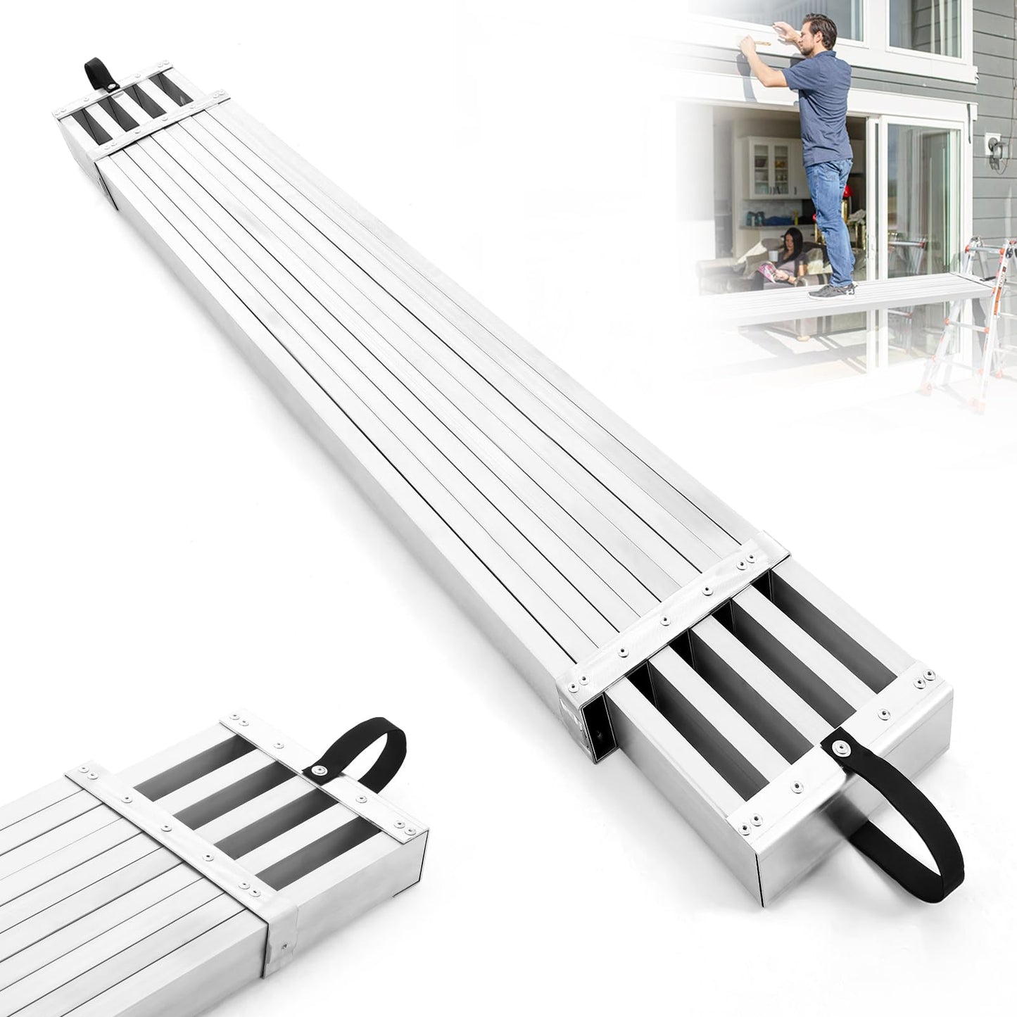 Aluminum Telescoping Plank, 6-9Ft Aluminum Work Platform, 440Lbs Capacity, 12.5 Inch Width, Scaffold Plank w/Skid-Proof Surface