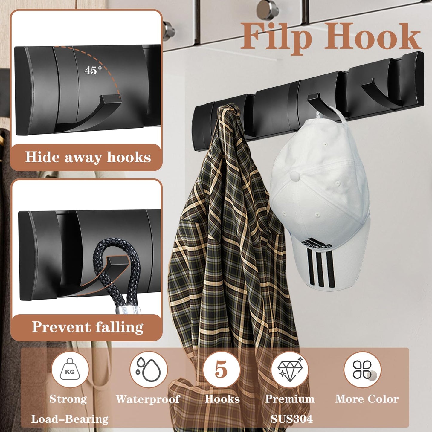 Vanloory Folding Coat Hooks, Wall Mounted Coat Rack with 5 Retractable Hooks, Heavy Duty Towel Rack for Bathroom Wall Hook for Hanging Clothes Bathrobe, Stainless Steel Coat Hanger for Entryway(Black)