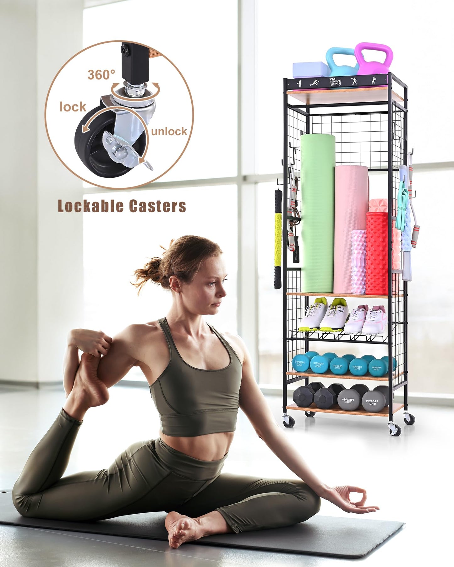 Mythinglogic Yoga Mat Storage Rack, Workout Equipment Organizer for Home Gym, Weight Rack for Dumbbells Kettlebells and Strength Training Equipment