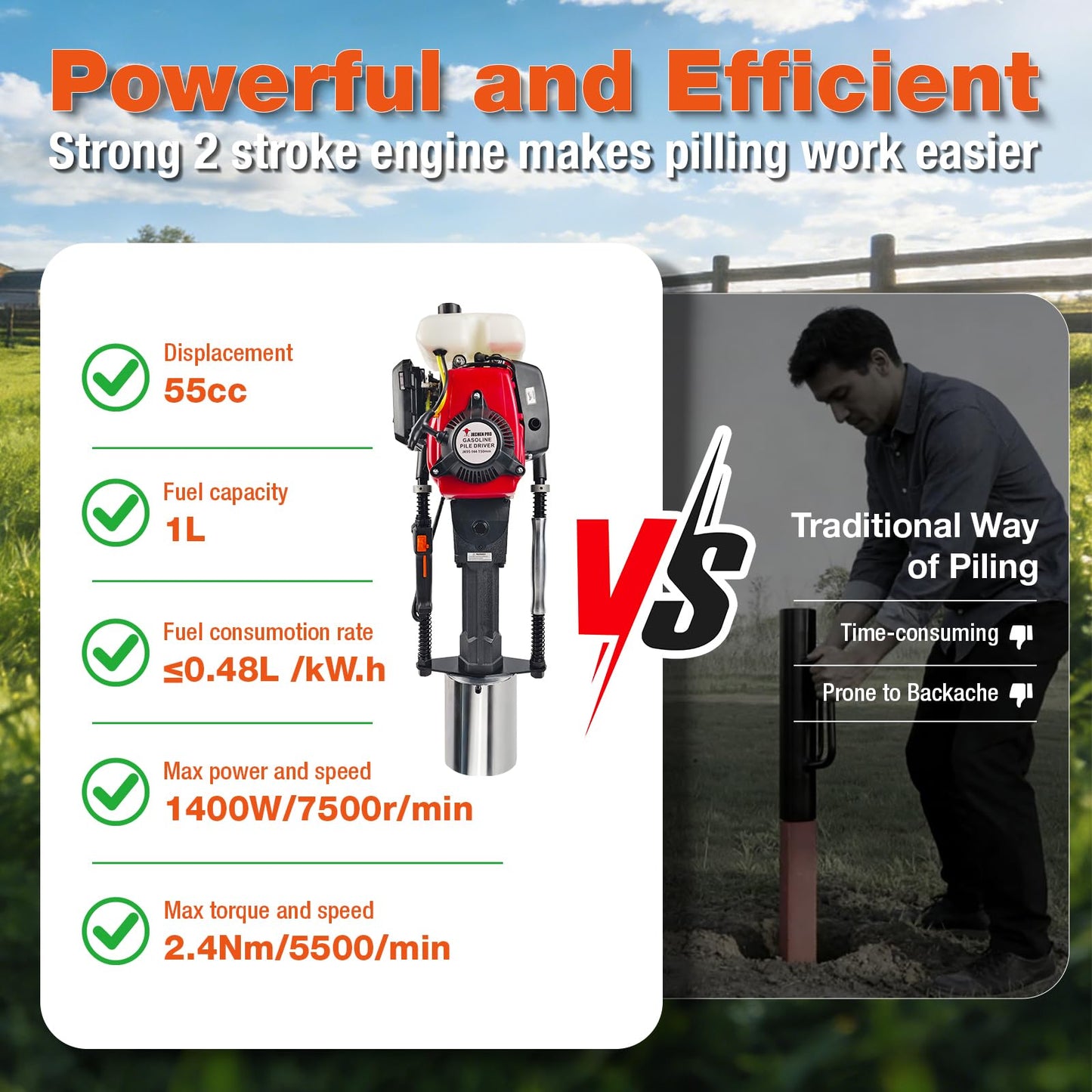 JKCHENPRO 55cc 4-Stroke Gas Powered T Post Driver - Heavy Duty Hammer Drill Pile Driver for Fencing with 150mm Driving Head for Farm, Ranch & Landscaping
