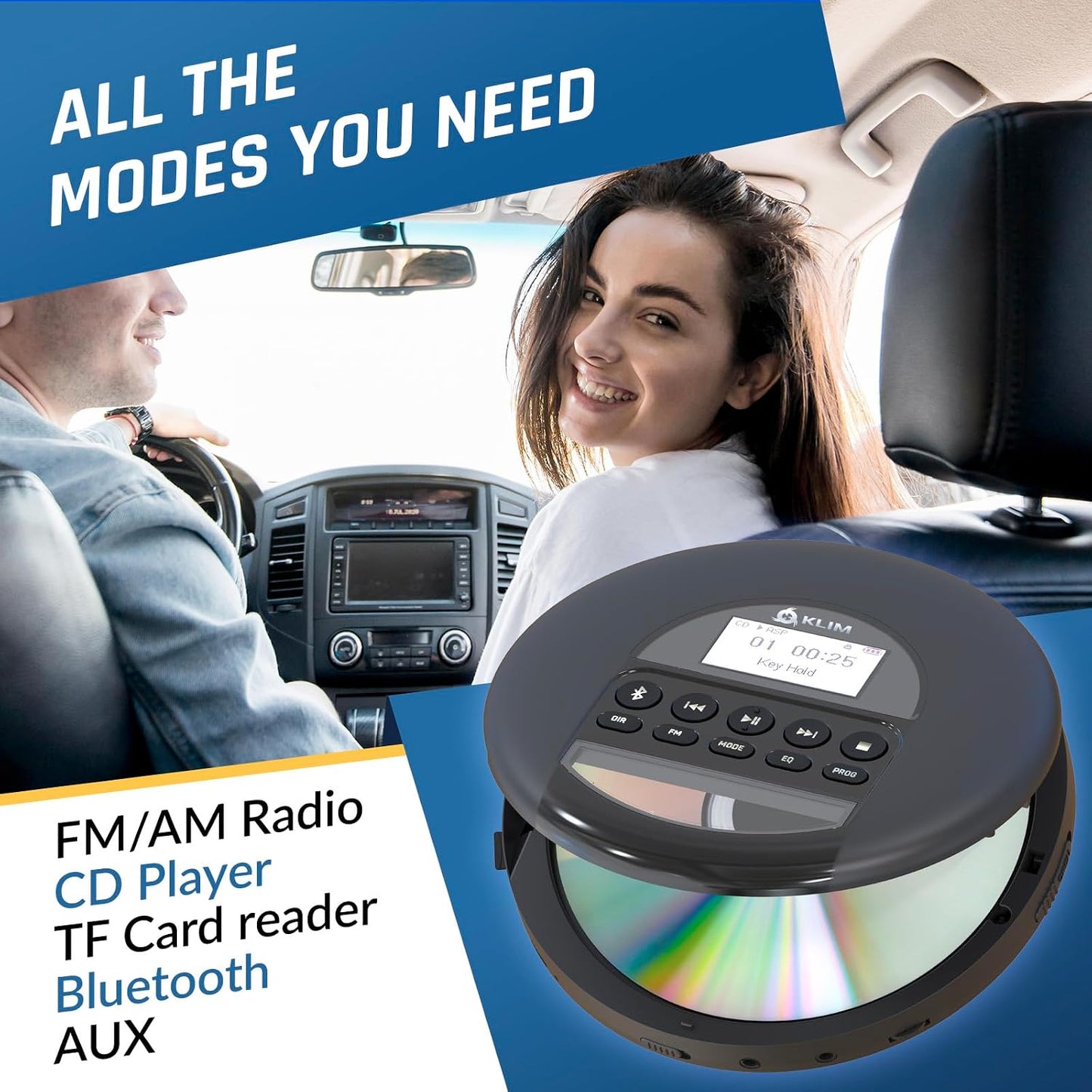 KLIM Discman MP3 Nomad Portable CD Player with Long-Lasting Battery - with Headphones - Radio FM - Compatible CD Player