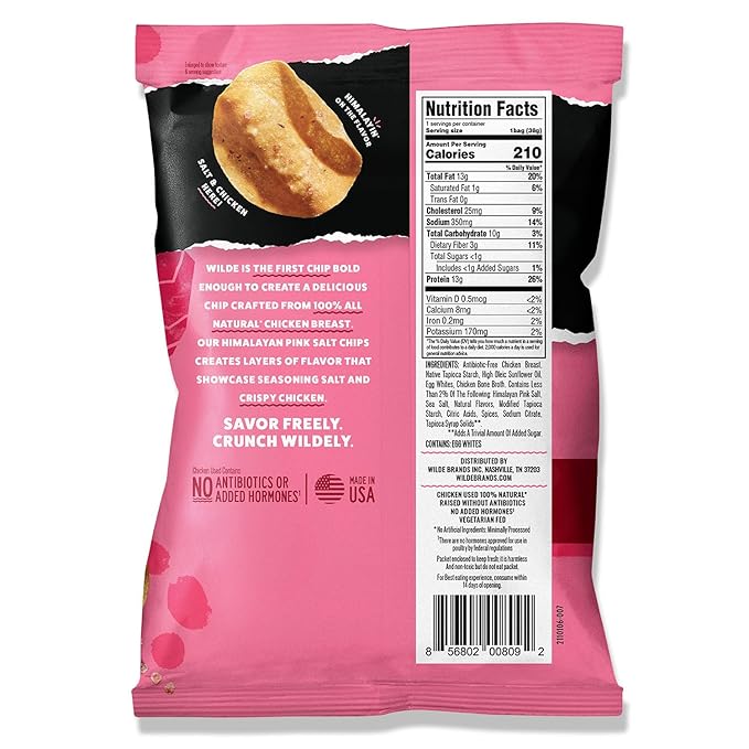WILDE Himalayan Pink Salt Protein Chips, Thin and Crispy, High Protein, Keto Friendly, Made with Real Ingredients, 1.34oz Bags (Pack of 8)