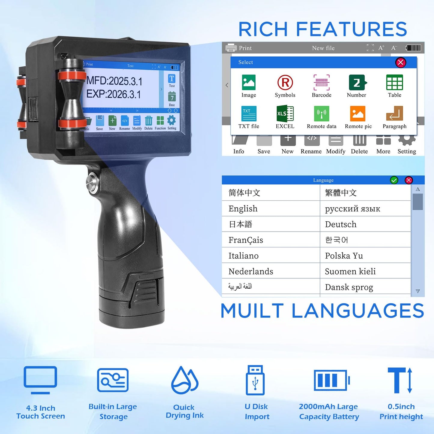 ZHONGMIN Handheld Inkjet Printer with 42ml Quick-Drying Ink Cartridge, Portable Ink Jet Coding Machine for Text/Date/Batch Number/QR Code/Barcode/Logo, Print Height from 0.08 to 0.5 Inch (ZM-C800)