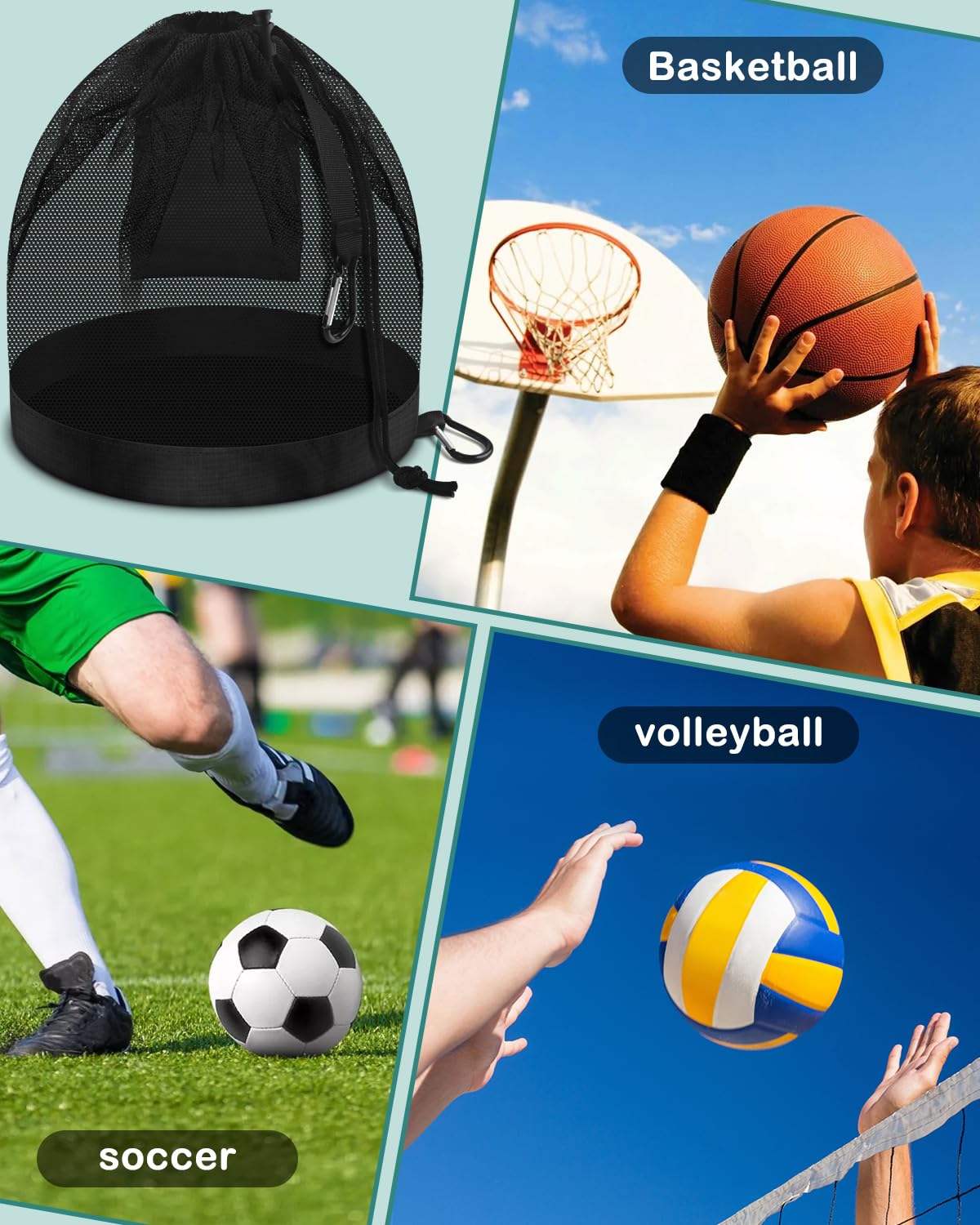 BROTOU Single Ball Bag with Double Hook, Balls Storage Bags with Zipper Pocket, Drawstring Sling Backpack for Soccer Basketball Football Volleyball Rugby (1)