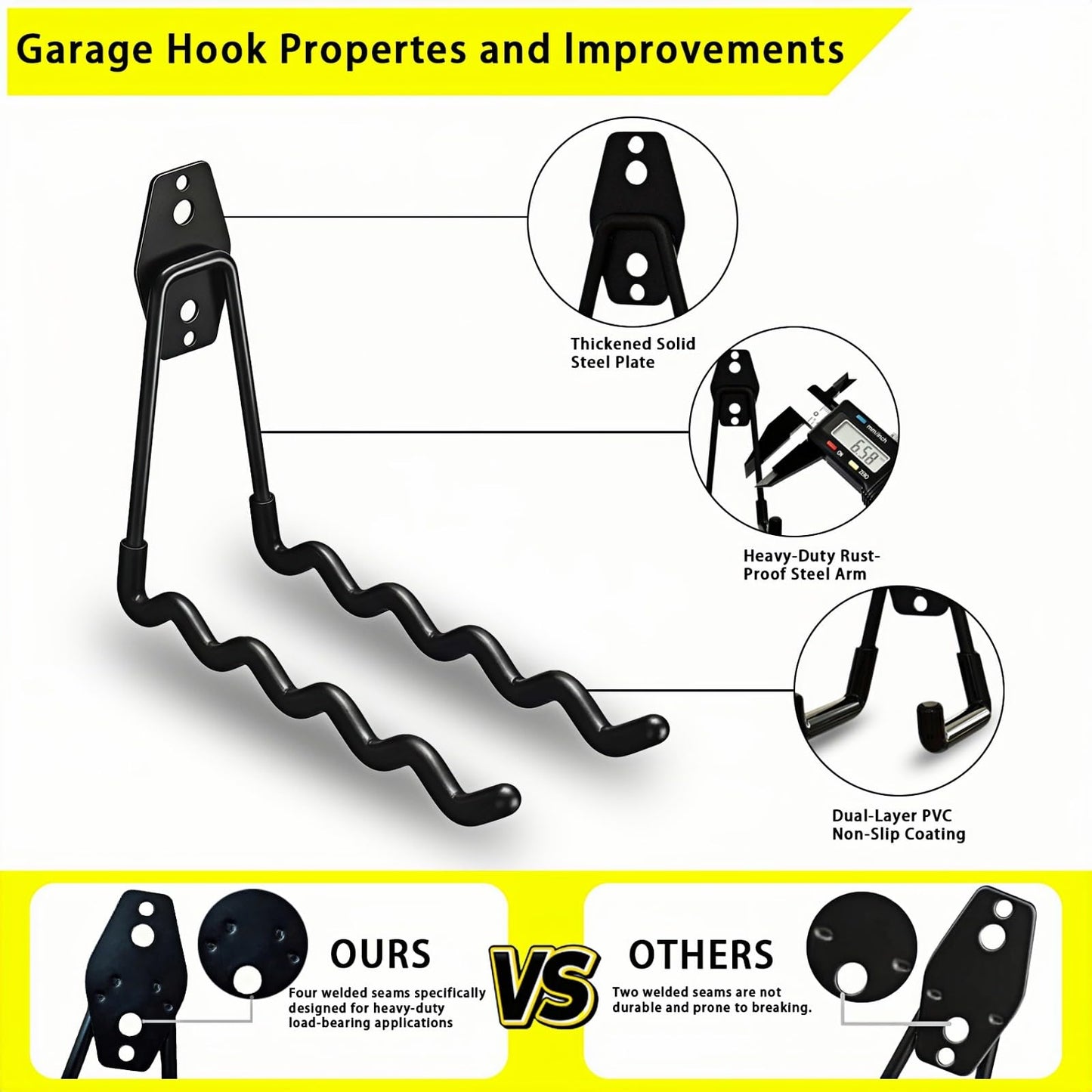 Tebgeag 4 Pack Garage Hooks Heavy Duty with Anti-Slip Coating, Steel Utility Wave Hooks for Hanging Ropes, Bikes, Garden Tools, Hoses and More (Black)