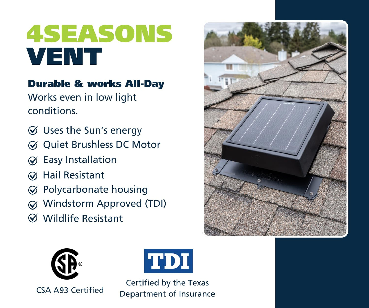 4SEASONS Solar Attic Vent Fan – 400 CFM Airflow, Up to 500 sq. ft., 12W Solar Panel, CSA A93 Certified, Polycarbonate Housing, Quiet Roof Ventilation