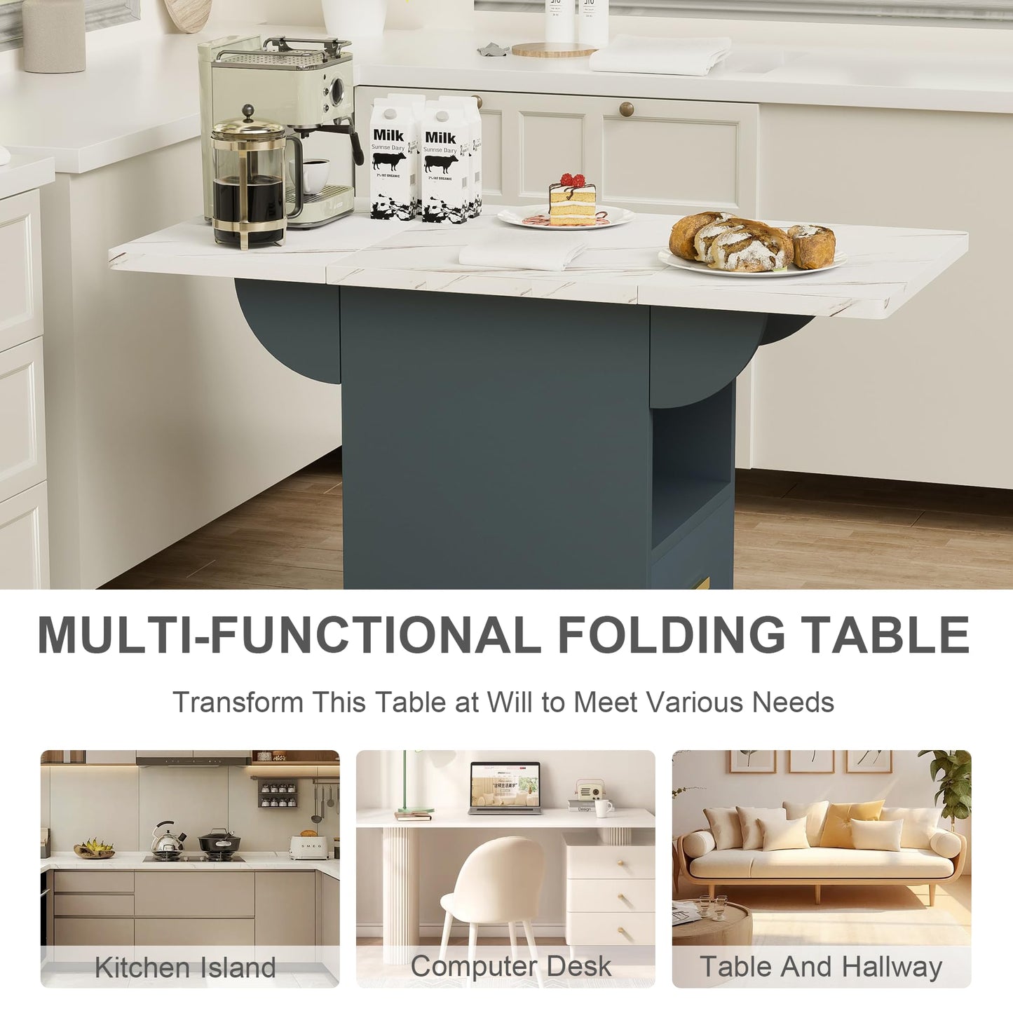 mikibama 39.4" Wooden Folding Kitchen Island with Storage Cabinet & 4 Wheels,White Marble Color Top Rolling Mobile Cart,Expandable Dining Table for Small Spaces,Versatile Side Entryway Table