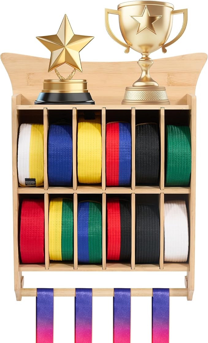 GENMOUS Karate 12 Belts Display Rack for Kids and Adults, Any Trophy and Medal Organizer, Wall Mounted Taekwondo or Martial Arts Belts Storage, Ideal Achievement Showcase for Home Dojo Decoration