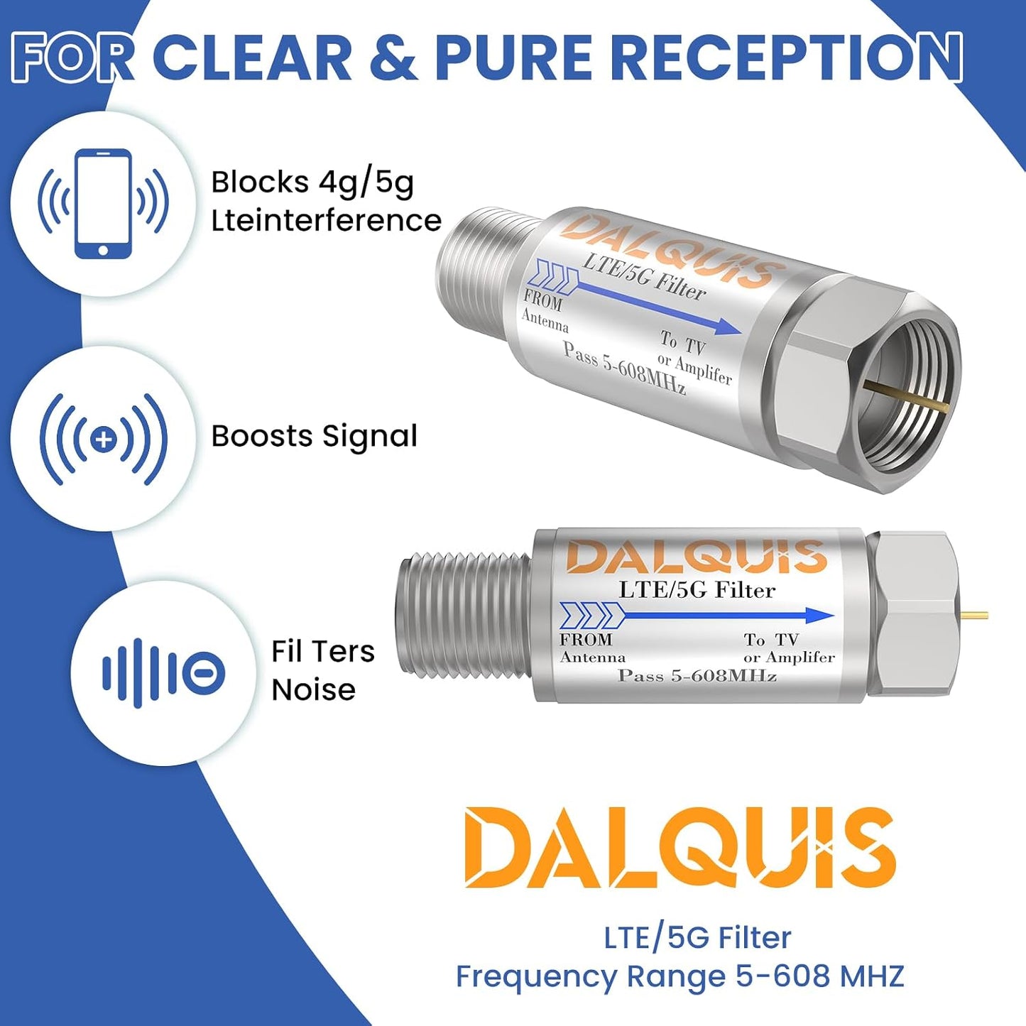 DALQUIS 2Pcs 5G 4G 5G 5-608 LTE Filter for TV Antennas, Reduce Interference Pixilation Deliver Crystal-Clear Digital TV