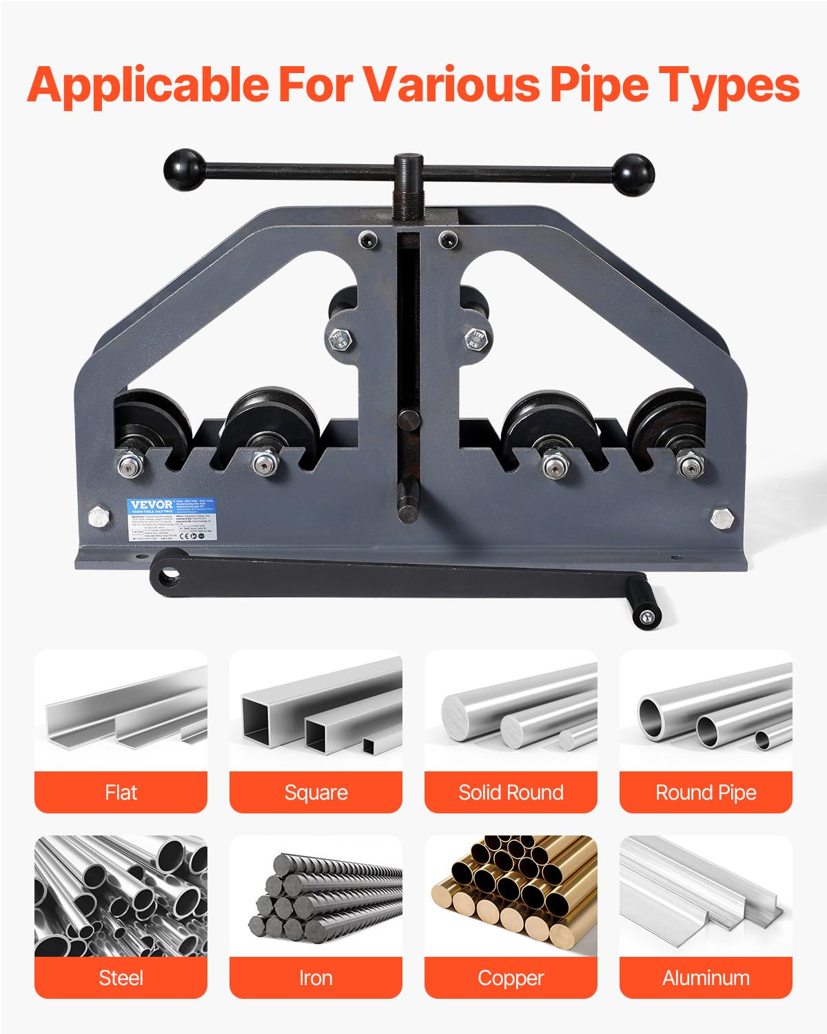 VEVOR Tube Roller Bender, Max 1-1/2" Manual Tube Pipe Roller Bender with 6 Dies, 360° Copper Aluminum Pipe Bending Tool for Square, Round Tube & Flat Bar, Ideal for HVAC Air Conditioning Auto Repair