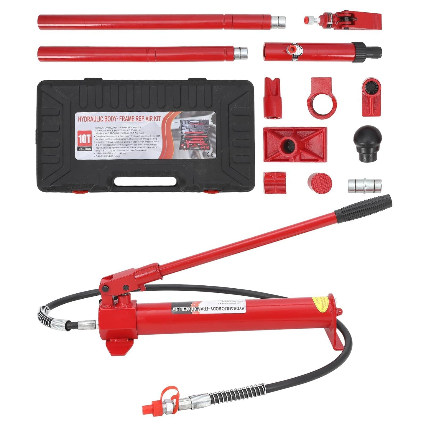 10-Ton Hydraulic Porta Power Kit with Heavy Duty Ram, Secure Transport Case, Frame Repair and Lifting Tool for Auto Shop and Construction