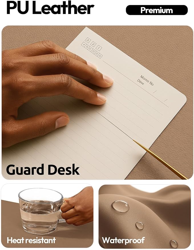 YSAGi Leather Desk Protector, Office Mat, Large Mouse Pad, Non-Slip PU Leather Blotter, Laptop Desk, Waterproof Writing Pad for Office and Home (Khaki, 35.4" x 17")