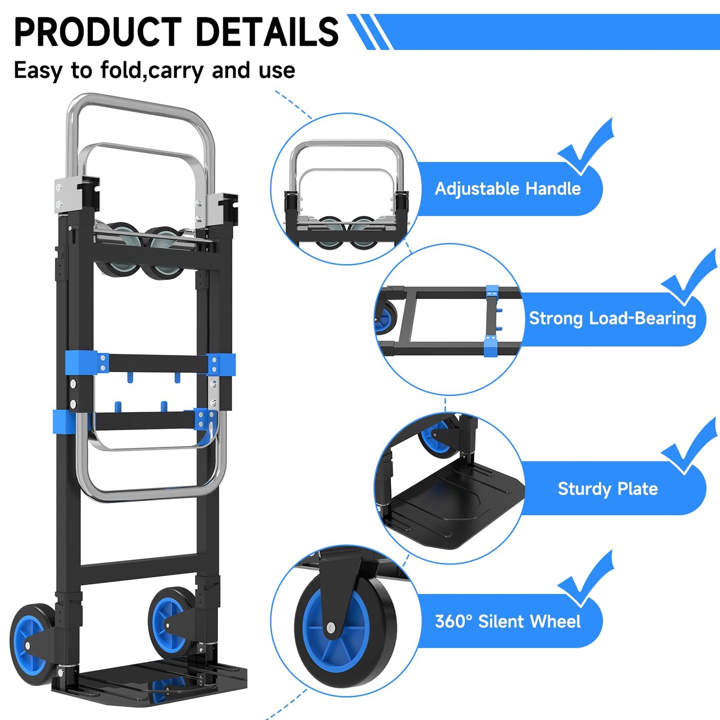 2026 New 3-in-1 Folding Hand Truck & Dolly Cart, 600LB Capacity, Converts to 2-Wheel Upright Dolly with Extendable Handle & Front Brake Wheel - Ideal for Household Moving, Relocation & Transport