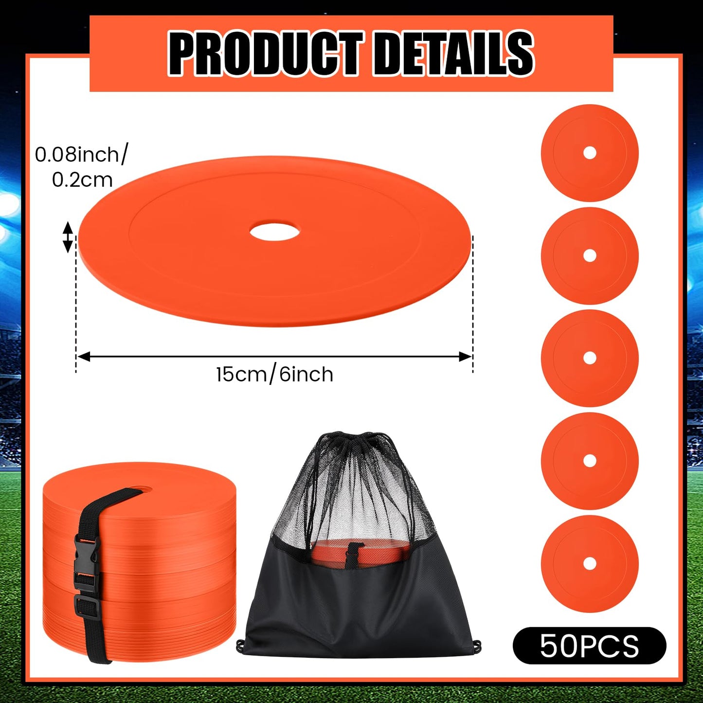 Silipull 24 Pcs 6 inch Flat Cones Spot Markers Non-Skid Floor Hole Soccer Cones Field Court Spot Markers Flat Discs Soccer Training Equipment for Football Sports Speed Agility Practice (Orange)