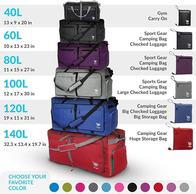 Bago Large Foldable Duffel Bags for Traveling Women & Men - 80L Packable Duffle Bag for Travel with Shoe Compartment - Water Repellant, Heavy Duty, Lightweight Folding & Collapsible (Purple)