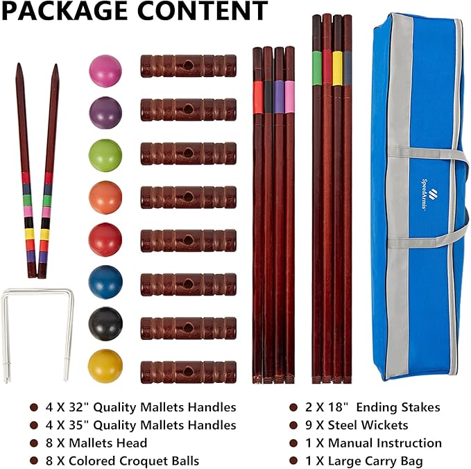 Croquet Set for Adults - 8 Players Croquette Kit with 35In Deluxe, 32In Regulation Size Rubber Wood Mallets, Colored PE Ball, Wickets, 24In End Stakes, Lawn Backyard Game for Families