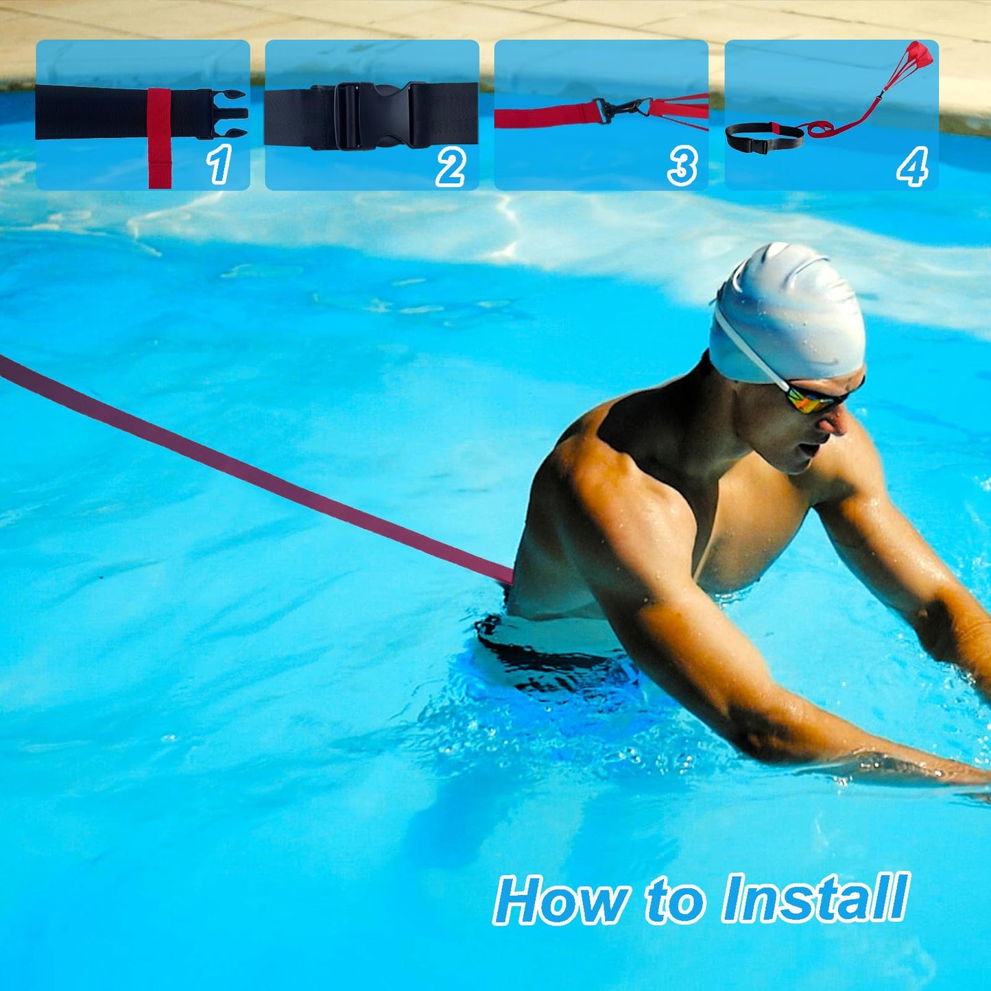 Swimming Training Set - Aquatic Resistance Belt, Parachute & Pool Harness Trainer - Stationary Swim Exercise Set - Accessory