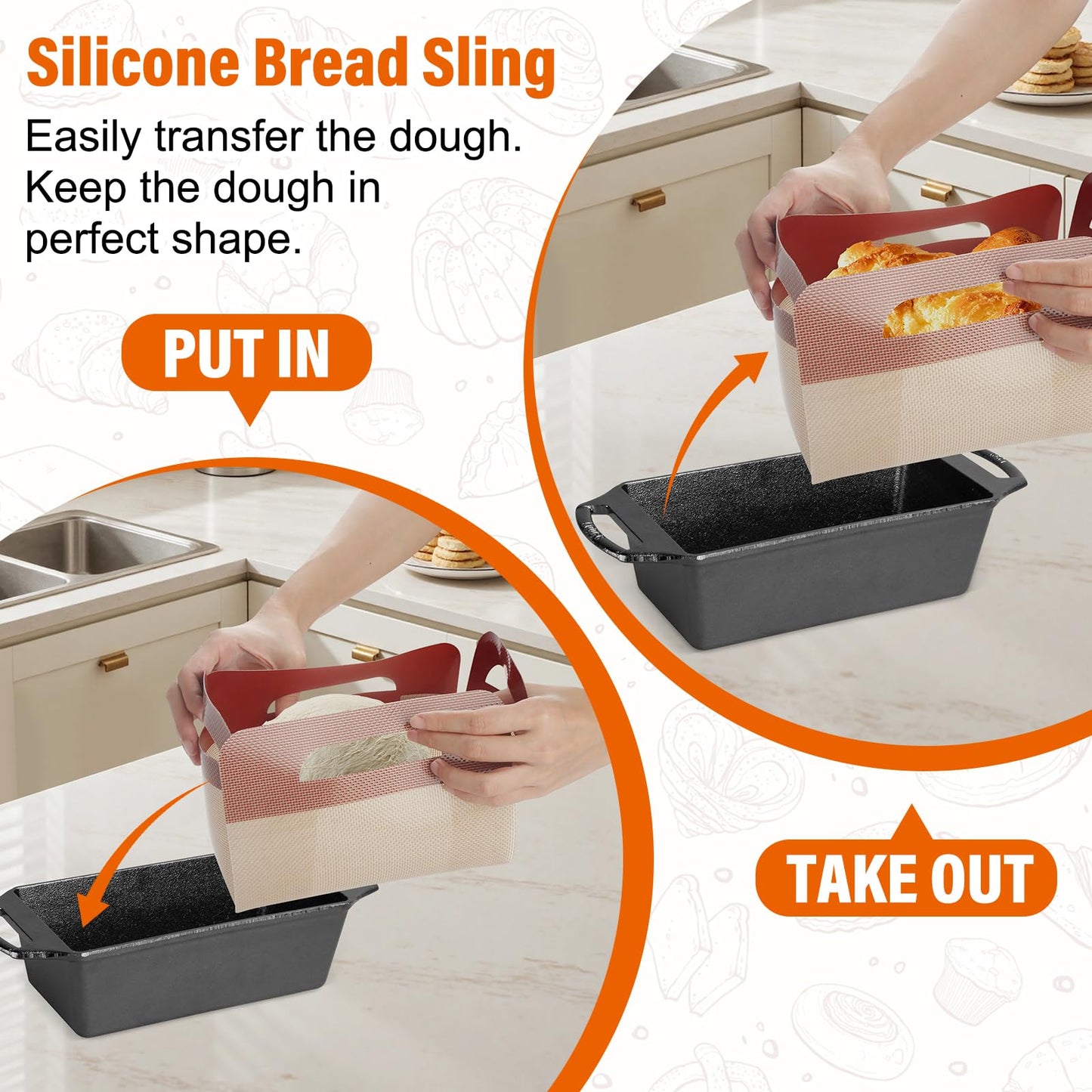 9"x5" Loaf Pan Liners with Long Handles - 2 Pack Silicone Bread Sling for Sourdough Baking, Reusable Non-Stick Bread Pan Liner for Easy Dough Transfer & Baking | Food-Grade Silicone Baking Mat(Black)