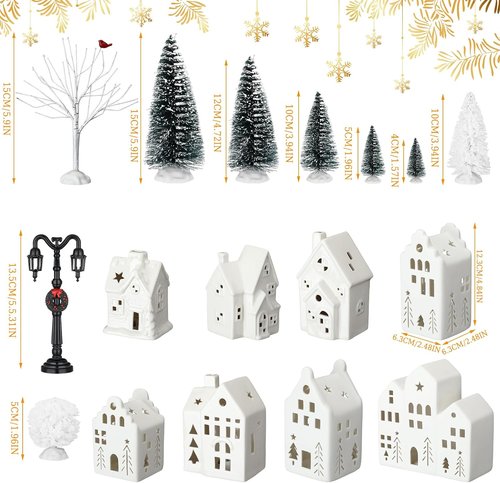 Cindeer 26-Piece Ceramic Christmas Village Set - 8 LED Houses & 16 Trees | Elegant Tabletop Decor