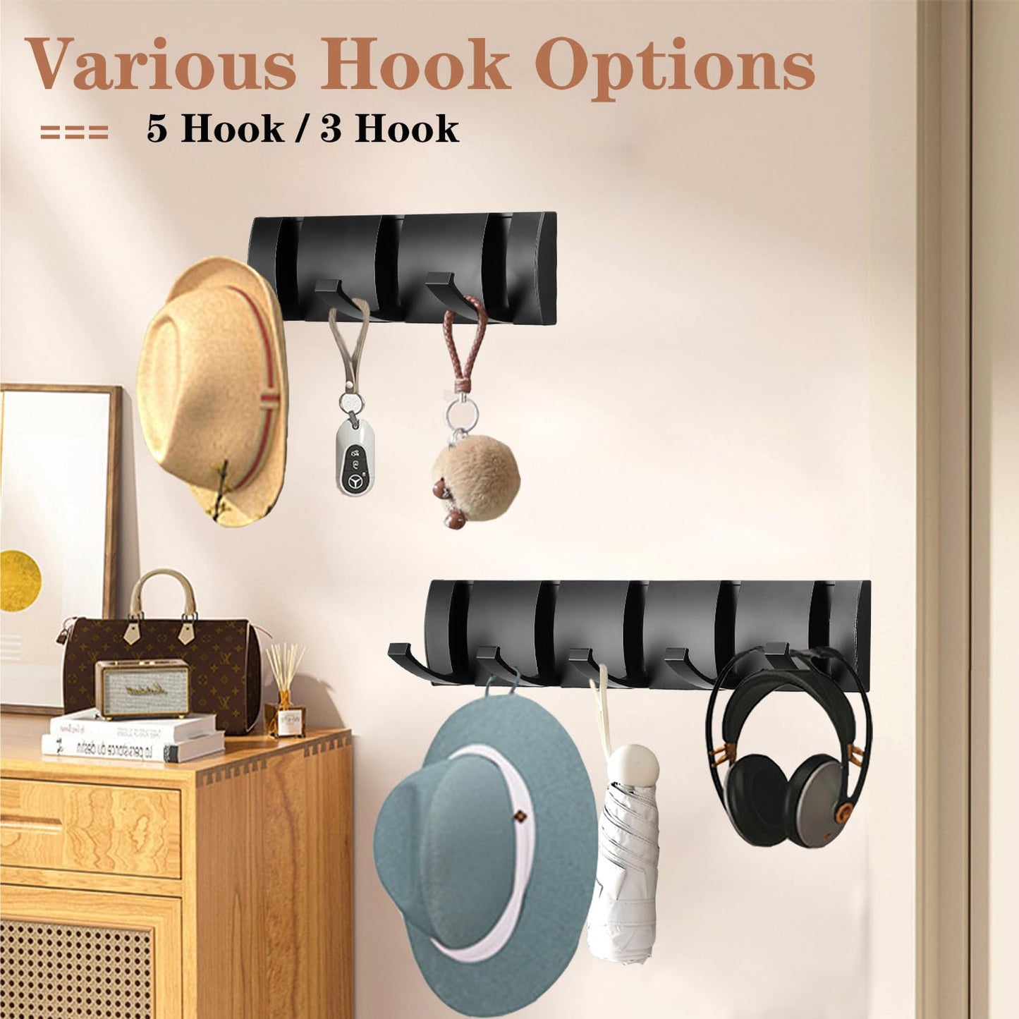 Vanloory Folding Coat Hooks, Wall Mounted Coat Rack with 5 Retractable Hooks, Heavy Duty Towel Rack for Bathroom Wall Hook for Hanging Clothes Bathrobe, Stainless Steel Coat Hanger for Entryway(Black)
