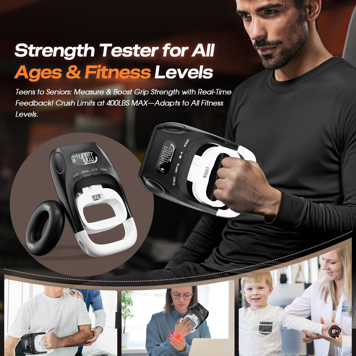 Grip Strength Tester & Trainer 2-in-1 Combo Set-Digital Hand Dynamometer with LCD Display, Max 400lb/180kg Capacity, Resistance Ring with Ergonomic Design for Sports, Gym, Home & Rehab
