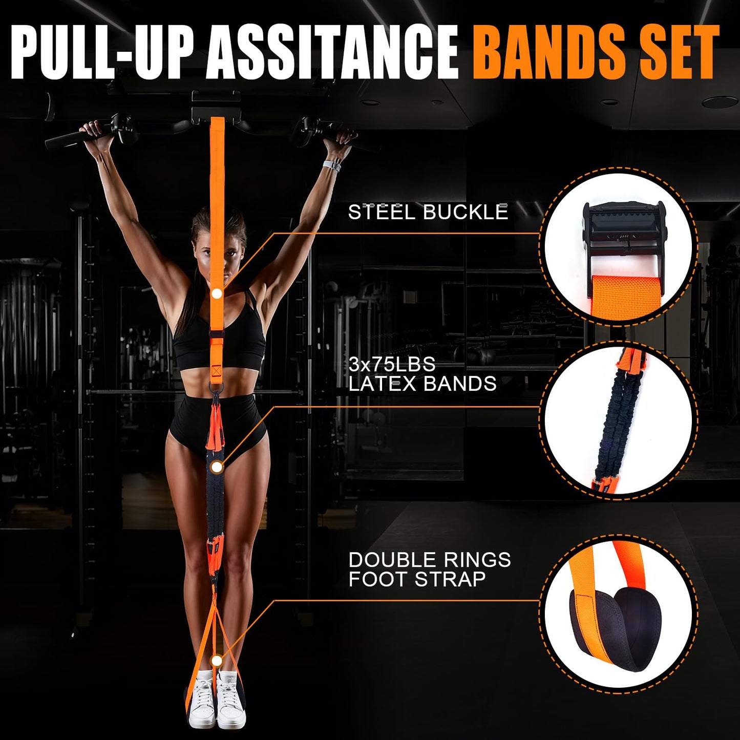 QIVDSEC Pull-Up Assistance Bands Set – Heavy Duty Adjustable Resistance Band with Feet/Knee Rest for Home Gym Strength Training