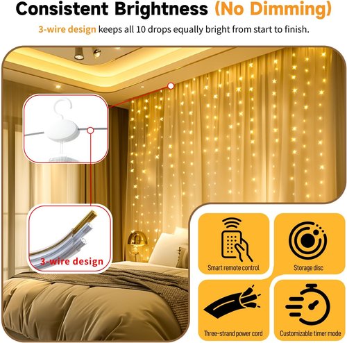 HXWEIYE 300LED Fairy Twinkle String Lights - 9.8x9.8Ft USB Curtain Lights with Remote & Timer | Warm White