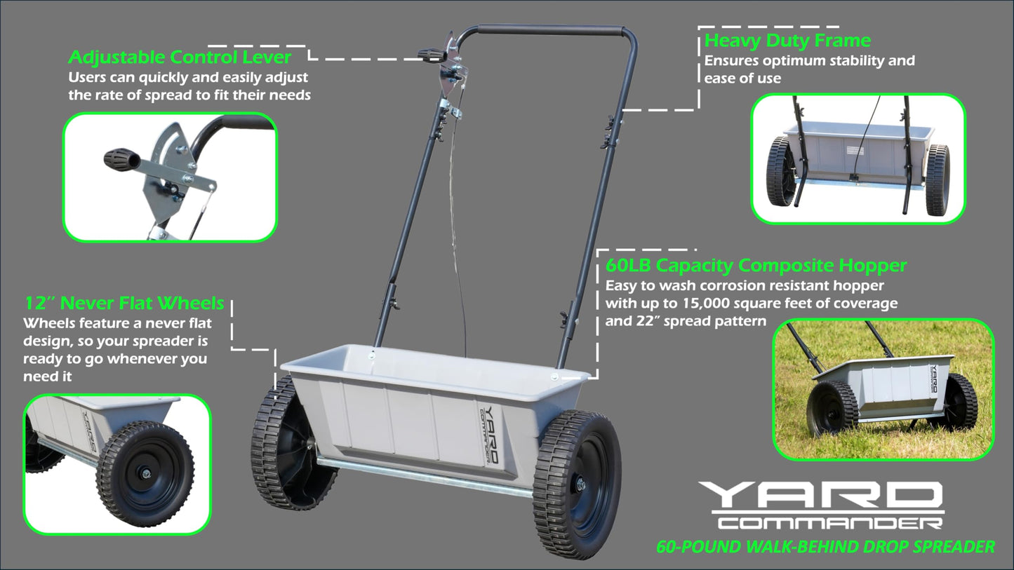 Yard Commander - 60 LB Walk-Behind Push Drop Spreader - Holds Up to 15,000 SQFT of Product - Great for Applying Fertilizer & Grass Seed - Adjustable Drop Rate & Composite Hopper