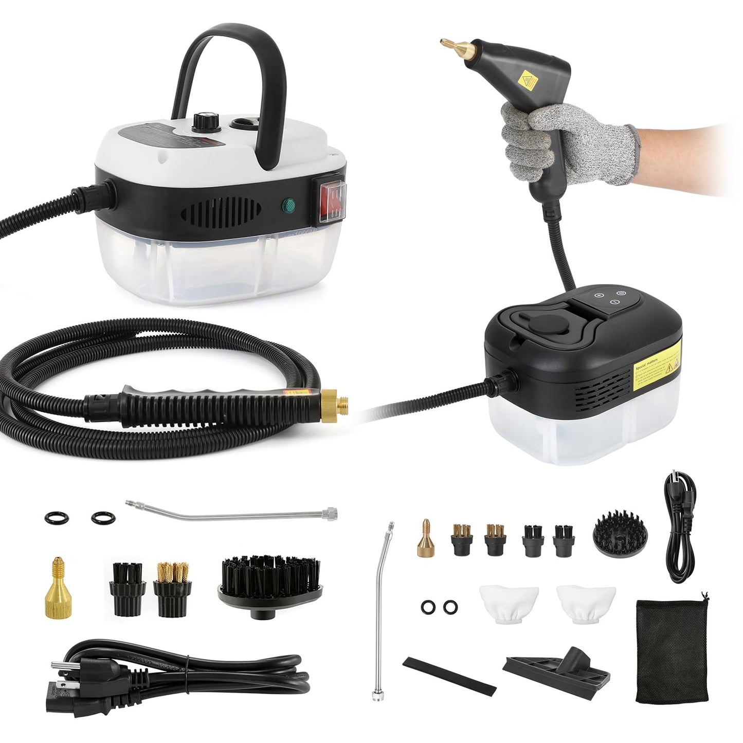 BEAMNOVA White 1L 2500W Car Steamer for Auto Detailing High Pressure Handheld Steam Cleaner + 1.2L Black Steam Cleaner