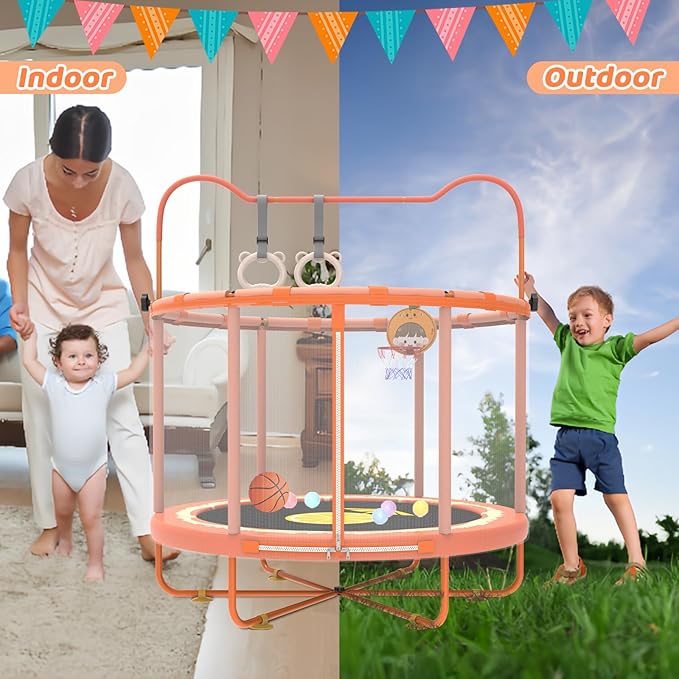 Gardenature 60" Kids Trampoline Indoor, 5ft Toddler Mini Trampoline with Basketball Hoop, Gymnastics Bar, Rings, Christmas Toys Birthday Gifts for Girls Boys Age 3-8
