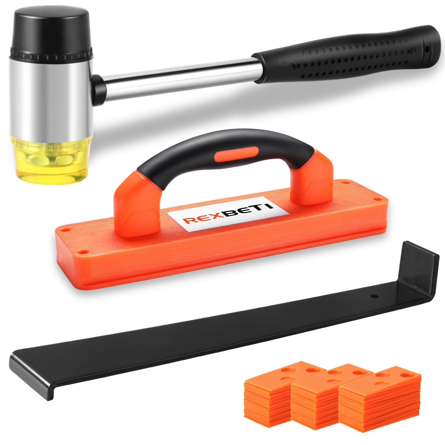 REXBETI Laminate Wood Flooring Installation Kit, LVP Installation Kit, Vinyl Flooring Tools - Tapping Block with Handle, Pull Bar, Double-Faced Mallet and Spacers