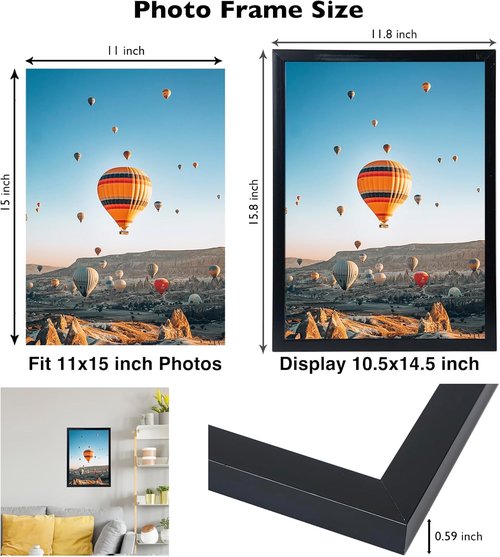 JCJMY Picture Frame - 11x15 Inch Wall Gallery Frame in Black | Horizontal & Vertical Formats with Shatter-Resistant Plexiglass