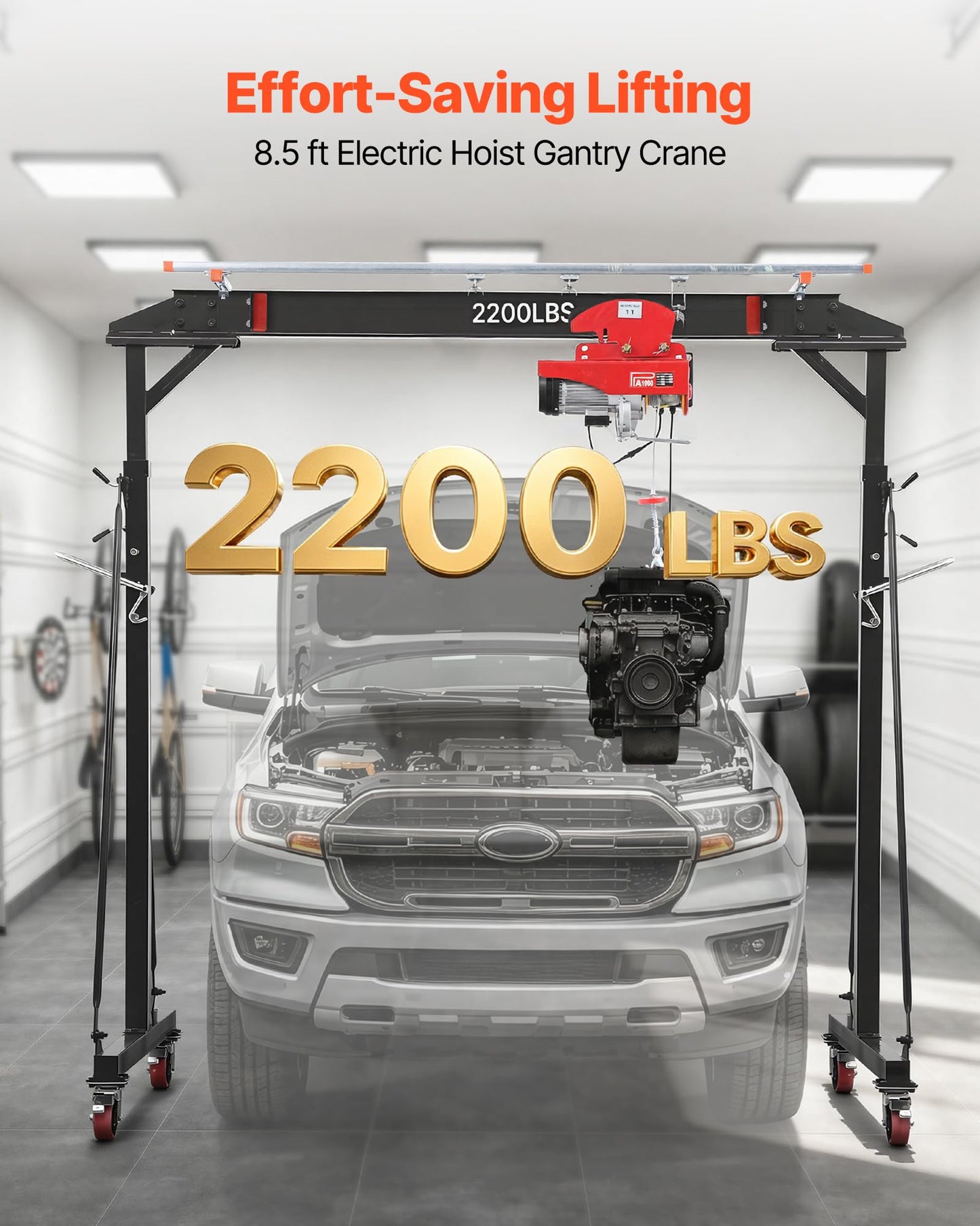 VEVOR Adjustable Gantry Crane, 2200 lbs Capacity, Portable Shop Lift Hoist with 95.7-142.9 in Height Adjustable, Manual Trolley, Electrical Hoist, Sling, Shackles, for Factory Warehouse Auto Repair