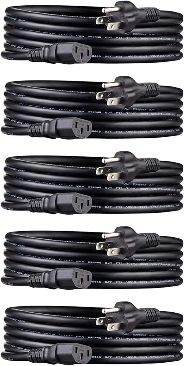 Amazon Basics 10 3 18 125 5-Pack PC Power Cord, feet, Compatible with Monitor, Computer, TV, Prong, AWG, Volts, Black